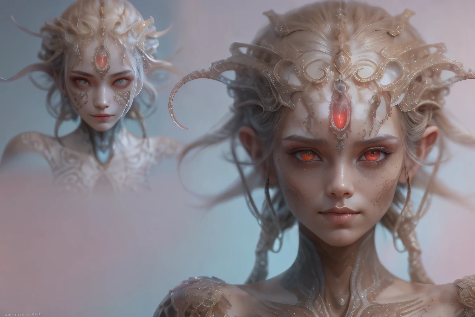 Portrait, (beautiful female alien:1.2), (There is a female genital-like organ in the middle of the forehead:1.8), (The most beautiful face in the history of the universe:1.2), (scarlet eyes:1.6), (Translucent skin:1.8), an evil gaze that seduces , (red eyes:1.5), Full body like, (sexypose:1.5), alien, No humans, cells are fused, (Lots of translucent tentacles:1.1) (Translucent skin:1.3), extraterrestrial, cell, bio image, 魅惑的, Best Quality, 8K,4K_quality, high definition, Dramatic Lighting, masutepiece:1.5,cinematic quality, detail up, (Intricate details:1.2), high resolution, High Definition, drawing faithfully, (Thick eyebrows:1.2), Beautiful eyes with fine symmetry, (Ultra detailed eyes:1.2),(Highly detailed face and eyes:1.2), (High-resolution red-eye:1.4), Intimate face, (Super detailed skin quality feeling:1.4), Perfect Anatomy, (Beautiful toned body:1.5), (Moist skin:1.2), No makeup, (dark circles:1.1), long canines, cinematic drawing of characters, ultra high quality model, cinematic quality, detail up, (Intricate details:1.2), high resolution, High Definition, drawing faithfully, Official art, Unity 8K wall , 8K Portrait, Best Quality, Very high resolution, ultra detailed artistic photography, midnight aura, unreal engine 5, Ultra Sharp Focus, art by alberto seveso, ArtGerm, Roisch, intricate artwork, Medusa, best quality, masterpiece, ultra high resolution, (photos realistic:1.4), Ultra-realistic realism, dream-like, nautilus, Creation of fantasy, Snail, Dream Snail, biopunk nautilus, thrilling color schemes, Ultra-realistic realism, seductively smiling, blue tentacles