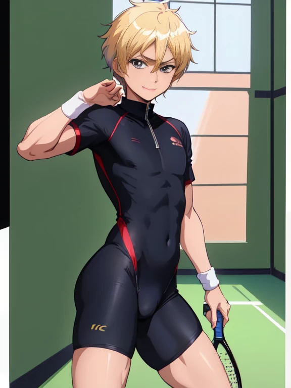 Official art,anime screen cap、Anime style,superfine illustration, hight resolution, masutepiece, best qualtiy,Best Quality,hightquality, detaileds,  (A ),12 years otennis idol with a super cute face.,beautiful young boy、 Standing, Cool handsome face with smile, blue soccer cleats, Long legs, thighs thighs thighs thighs, Foots, Bulge, (((Blonde hair、Short,)))、 Shiny hair, boy with sharp eyes, (tennis tight shiny training bodysuit), (tight soccer shorts), (Soccer Socks), tussock, Cool pose, (太いthighs thighs thighs thighs,Big buttocks),(((park tennis field)))、((cocky、))、Smirk、Spread legs,Ultra-fine painting, (Best Quality, 4K, 8K, hight resolution, masutepiece:1.2),(((Being aware of the sexual gaze of middle-aged gay men)))、Service Shots、 Show off your crotch、((detailedsな目:1.2))