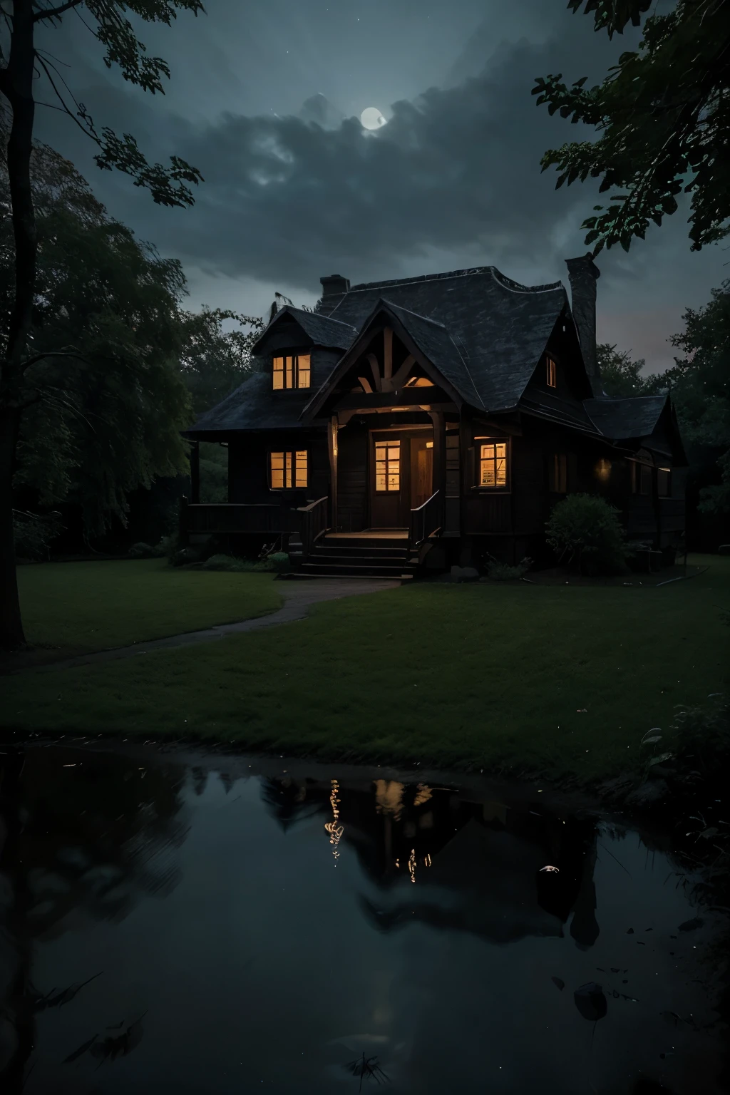 A solitary house, nestled amidst towering trees, casts a warm glow against the inky canvas of a moonless night. Streetlights paint silvery streaks on the damp asphalt, leading up to the porch where a single lamp bathes a rocking chair in soft, inviting light. The silence is broken only by the rustle of leaves and the distant hoot of an owl, weaving a spell of mystery and quietude.
Write a story about the secrets held within the walls of this night-cloaked house. Is it a haven of peace or a canvas for hidden shadows? Does a lonely resident long for company, or do they cherish the solitude of the whispering night? Let your imagination paint the tale.