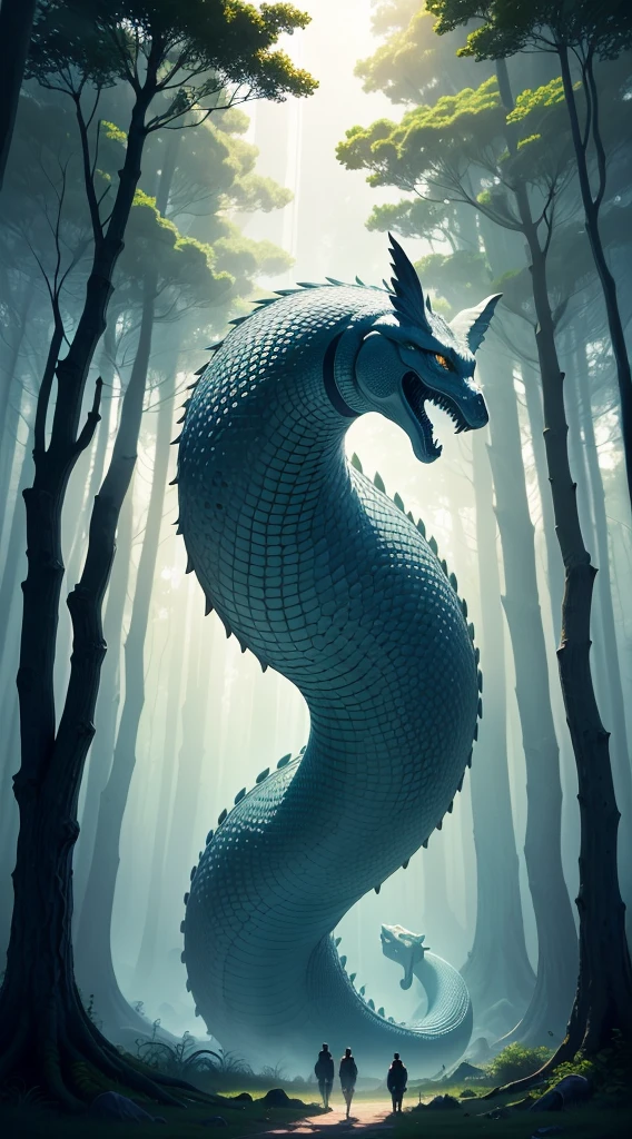 Generate a visually stunning AI artwork featuring a colossal white snake coiled atop a towering forest, reminiscent of the scale and grandeur of a skyscraper like Burj Khalifa. Envision the snake with intricate details, its scales reflecting the sunlight in a mesmerizing way. Picture the forest below, with trees bending under the enormity of the serpent. Capture the surreal contrast between the organic landscape and the serpentine giant. Infuse the scene with a soft, ethereal light, creating a captivating atmosphere that balances awe and tranquility. This prompt aims to transport viewers into a fantastical realm where nature and mythical creatures converge in a breathtaking spectacle."