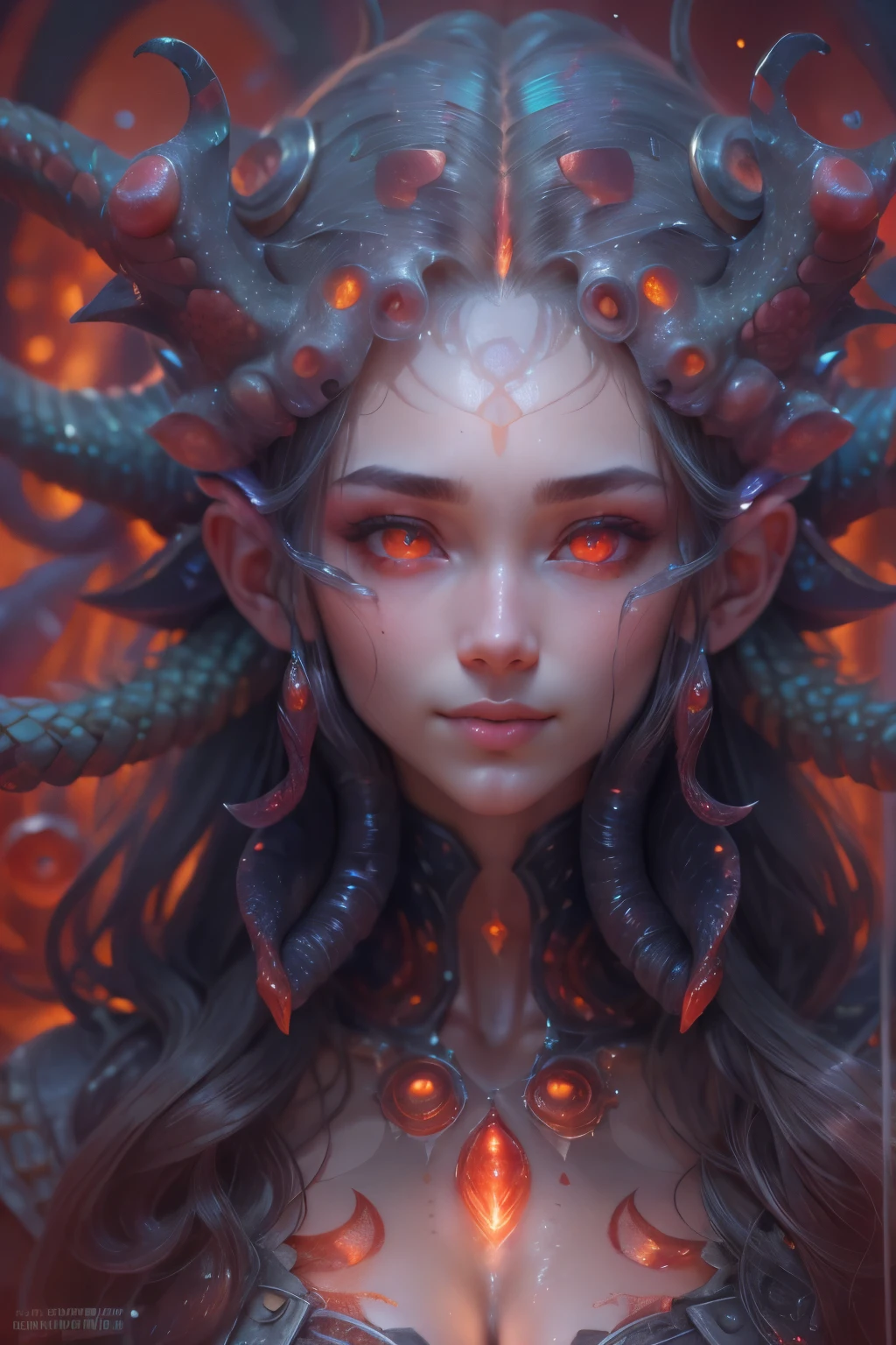 Portrait, (beautiful female alien:1.2),  (There is a female genital-like organ in the middle of the forehead..:1.8), (The most beautiful face in the history of the universe:1.2), (scarlet eyes:1.6), (Translucent skin:1.8), an evil gaze that seduces , (red eyes:1.5), Full body like, (ypose:1.5), alien, No humans, cells are fused, (Lots of translucent tentacles:1.1) (Translucent skin:1.3), extraterrestrial, cell, bio image, 魅惑的, Best Quality, 8K,4K_quality, High Definition, Dramatic Lighting, masutepiece:1.5,cinematic quality, detail up, (Intricate details:1.2), High resolution, High Definition, drawing faithfully, (Thick eyebrows:1.2), Beautiful eyes with fine symmetry, (Ultra detailed eyes:1.2),(Highly detailed face and eyes:1.2), (High-resolution red-eye:1.4), Intimate face, (Super detailed skin quality feeling:1.4), Perfect Anatomy,  (Beautiful toned body:1.5),  (Moist skin:1.2), No makeup, (dark circles:1.1), long canines, cinematic drawing of characters, ultra high quality model, cinematic quality, detail up, (Intricate details:1.2), High resolution, High Definition, drawing faithfully, Official art, Unity 8K wall  , 8K Portrait, Best Quality, Very High resolution, ultra detailed artistic photography, midnight aura,  unreal enginee 5, Ultra Sharp Focus, art by alberto seveso, ArtGerm, Roisch, intricate artwork, Medusa, best quality, masutepiece, ultra High resolution, (photos realistic：1.4), Ultra-realistic realism, dream-like,  nautilus, Creation of fantasy, Snail, Dream Snail,  biopunk nautilus, Thrilling color schemes， Ultra-realistic realism， seductively smiling, Blue tentacles