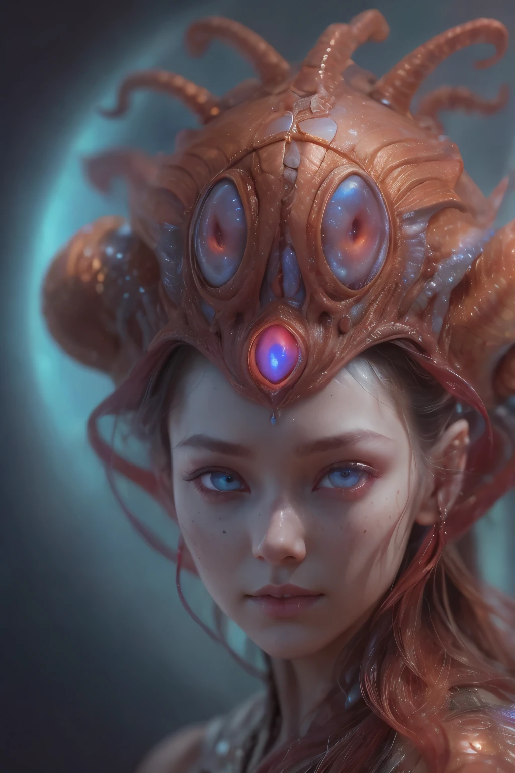 Portrait, (beautiful female alien:1.2),  (There is a female genital-like organ in the middle of the forehead..:1.8), (The most beautiful face in the history of the universe:1.2), (scarlet eyes:1.6), (Translucent skin:1.8), an evil gaze that seduces , (red eyes:1.5), Full body like, (sexypose:1.5), alien, No humans, cells are fused, (Lots of translucent tentacles:1.1) (Translucent skin:1.3), extraterrestrial, cell, bio image, 魅惑的, Best Quality, 8K,4K_quality, High Definition, Dramatic Lighting, masutepiece:1.5,cinematic quality, detail up, (Intricate details:1.2), High resolution, High Definition, drawing faithfully, (Thick eyebrows:1.2), Beautiful eyes with fine symmetry, (Ultra detailed eyes:1.2),(Highly detailed face and eyes:1.2), (High-resolution red-eye:1.4), Intimate face, (Super detailed skin quality feeling:1.4), Perfect Anatomy,  (Beautiful toned body:1.5),  (Moist skin:1.2), No makeup, (dark circles:1.1), long canines, cinematic drawing of characters, ultra high quality model, cinematic quality, detail up, (Intricate details:1.2), High resolution, High Definition, drawing faithfully, Official art, Unity 8K wall  , 8K Portrait, Best Quality, Very High resolution, ultra detailed artistic photography, midnight aura,  unreal enginee 5, Ultra Sharp Focus, art by alberto seveso, ArtGerm, Roisch, intricate artwork, Medusa, best quality, masutepiece, ultra High resolution, (photos realistic：1.4), Ultra-realistic realism, dream-like,  nautilus, Creation of fantasy, Snail, Dream Snail,  biopunk nautilus, Thrilling color schemes， Ultra-realistic realism， seductively smiling, Blue tentacles