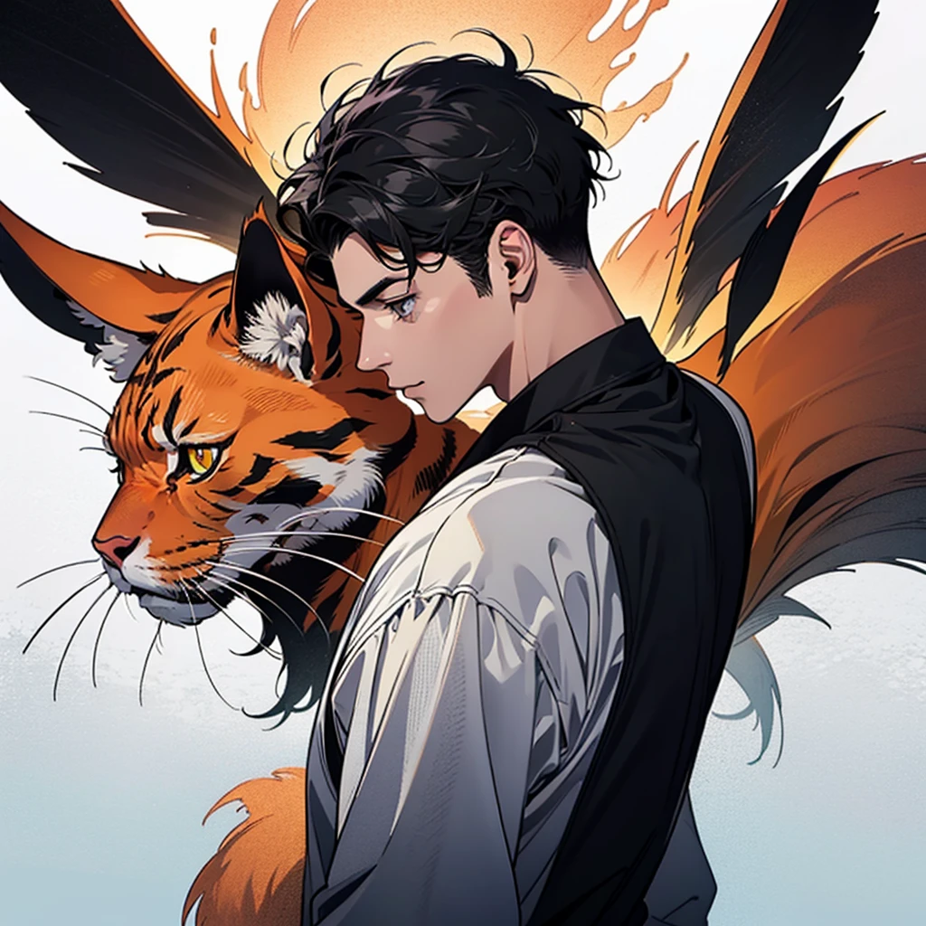 ( A high resolution, Over-refinement), The beautiful, 1male people, stand posture,Very short black hair,wearing black shirt,Faraway view,sideface,Optimal proportions,solid color backdrop, the background is clean,Orange cat
