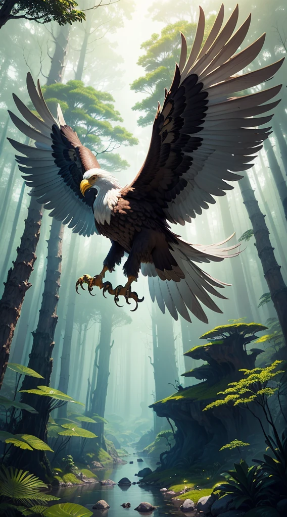 Generate a surreal and awe-inspiring AI artwork featuring a bizarre giant eagle of colossal proportions, towering over a vast and enchanted forest. Picture the eagle with peculiar, otherworldly features, perhaps adorned with intricate patterns or shimmering feathers. Envision the creature in flight, casting surreal shadows over the dense canopy of the forest below. Pay attention to the intricate details of the eagle's feathers and the surrounding foliage, creating a harmonious yet peculiar blend of nature and fantasy. Infuse the scene with an ethereal glow, capturing the magical ambiance of this extraordinary encounter. This prompt seeks to evoke a sense of wonder and strangeness as viewers explore the surreal spectacle of a giant eagle in a fantastical forest landscape."