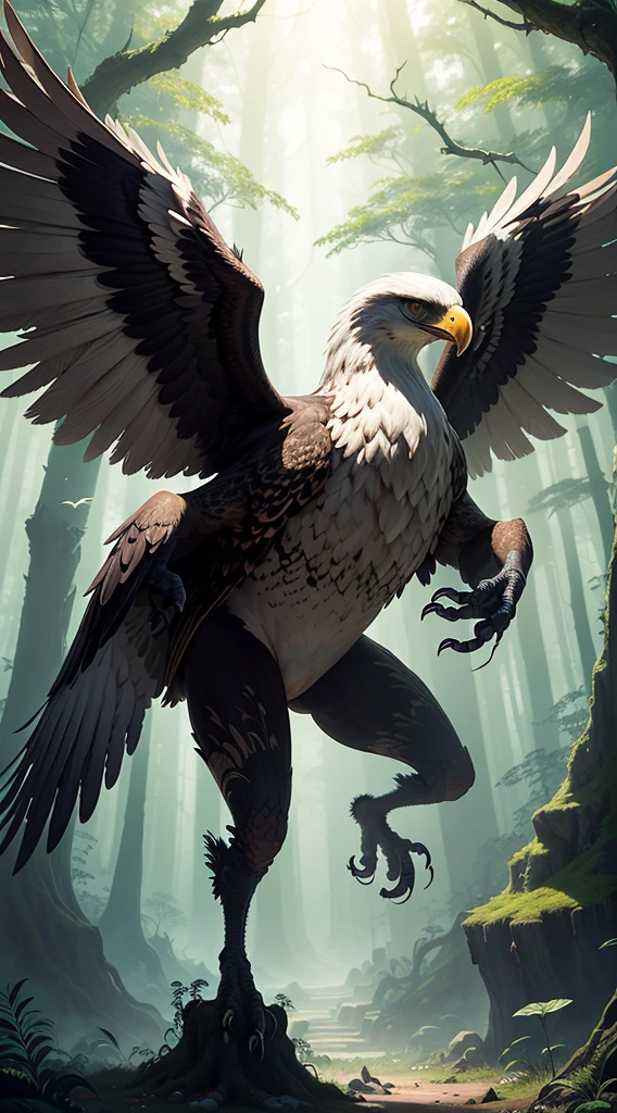 Generate a surreal and awe-inspiring AI artwork featuring a bizarre giant eagle of colossal proportions, towering over a vast and enchanted forest. Picture the eagle with peculiar, otherworldly features, perhaps adorned with intricate patterns or shimmering feathers. Envision the creature in flight, casting surreal shadows over the dense canopy of the forest below. Pay attention to the intricate details of the eagle's feathers and the surrounding foliage, creating a harmonious yet peculiar blend of nature and fantasy. Infuse the scene with an ethereal glow, capturing the magical ambiance of this extraordinary encounter. This prompt seeks to evoke a sense of wonder and strangeness as viewers explore the surreal spectacle of a giant eagle in a fantastical forest landscape."