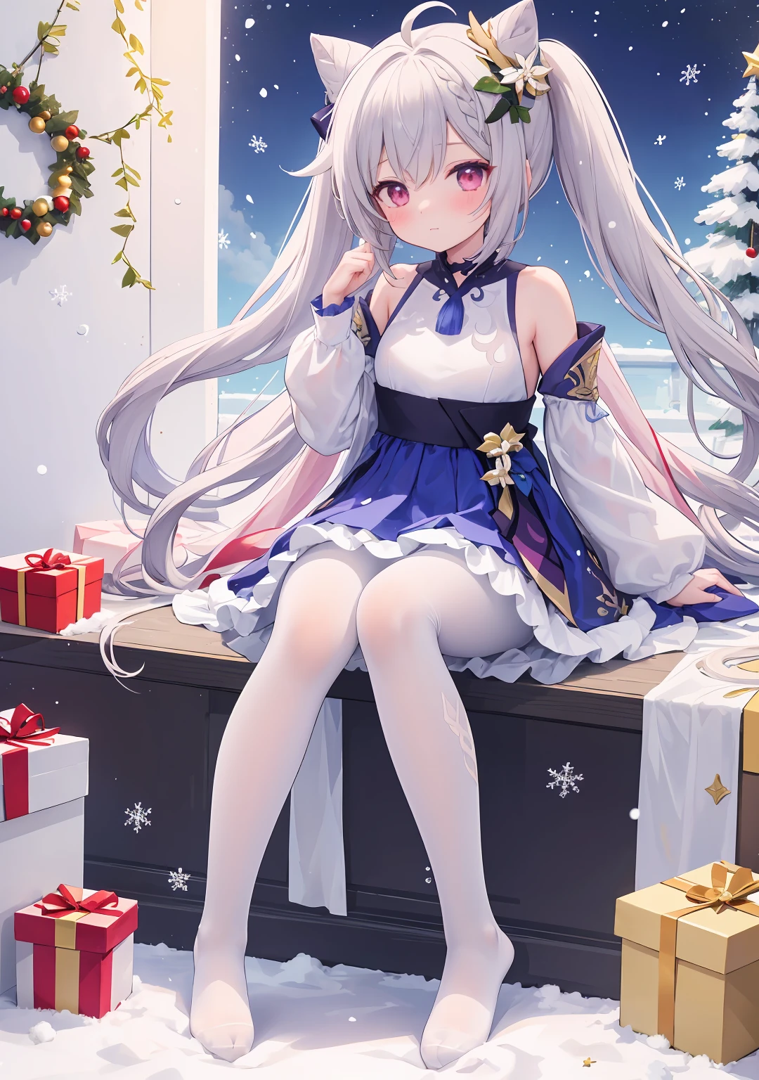 best quality,Christmas Day,1girl,solo,muffler,long hair, sweater,drinking,new year, off shoulder,socks,bottle, long sleeves,milk,solo, ahoge, hand on hip,standing,new year, bangs, off-shoulder sweater, dress, no shoes, full body, blush, puffy long sleeves,sweater dress, puffy sleeves,Snow,snowing,outside, Pine, box, christmas tree, merry christmas, holding gift, christmas lights, looking at viewer,ornament,heart-shaped box,(((white pantyhose,White Christmas socks:1.25))), furina, huohuohsr, barbaradef, focalors \(genshin impact\), keqingdef, FARUZANRND, ganyudef, yaemikodef, raidenshogundef, lisadef, yoimiya (genshin impact), 1girl,keqingdef,