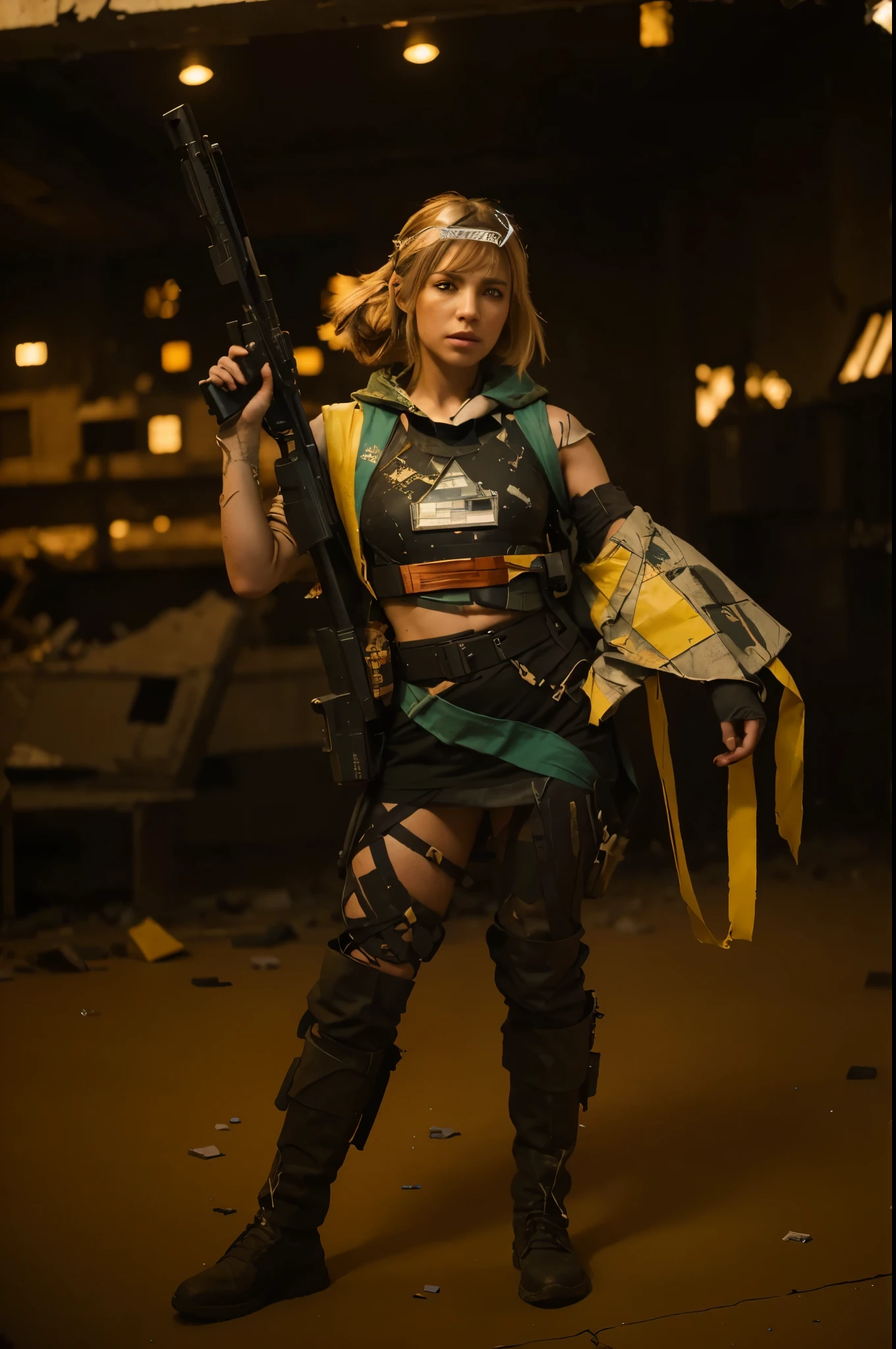 (Best quality, 8k, 32k, Masterpiece, UHD:1.2) "Transform the image into a scene reminiscent of Valorant's Fracture map aftermath, portraying a landscape marked by intense conflict and chaos. Envision a fractured and devastated environment, showcasing the aftermath of battle with scattered battlefield wreckage, damaged structures, and prominent bullet holes. Incorporate elements from the Fracture map's distinct design, highlighting futuristic architecture, unique structures, and shattered terrain amidst the destruction. Emphasize the severity of the conflict by portraying shattered structures, debris-strewn surfaces, and evident signs of warfare. Utilize a mix of darker, muted tones contrasted with the remnants of the map's vibrant colors to capture the solemnity of the scene, conveying the blend of futuristic design and the aftermath of a fierce battle."