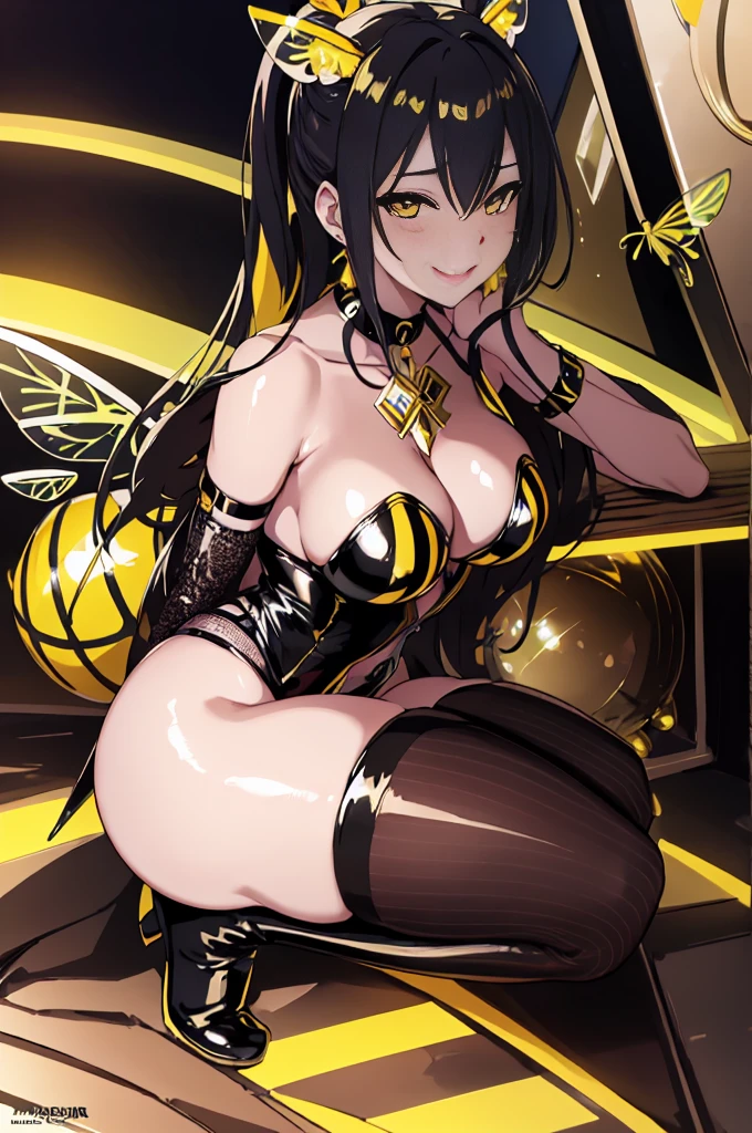 nsfw, pixiv, evil smile, sadistic, erotic lips, seductive eyes, drooping eyes, provocative expression, smirks, squint, enraptured, fascinated, scornful laughter, aroused, lovely, naughty face, half closed eyes, fearless smile, crazy smile,toned female, glamorous perfect female proportion, wide hips, extremely shiny, reflecting light, awesome metallic surface texture, cute, akiba, anime face, moe, yellow and black striped hair, wasp ornament, Yellow and black striped boots, wasp transparent wings, bee Transparent wings, wasp antennae, wasp printed, Honeycomb printed, poison needle, yellow and black striped fur, wasp eye helmet, spike choker, earrings,, best quality, amazing quality, very aesthetic, absurdres