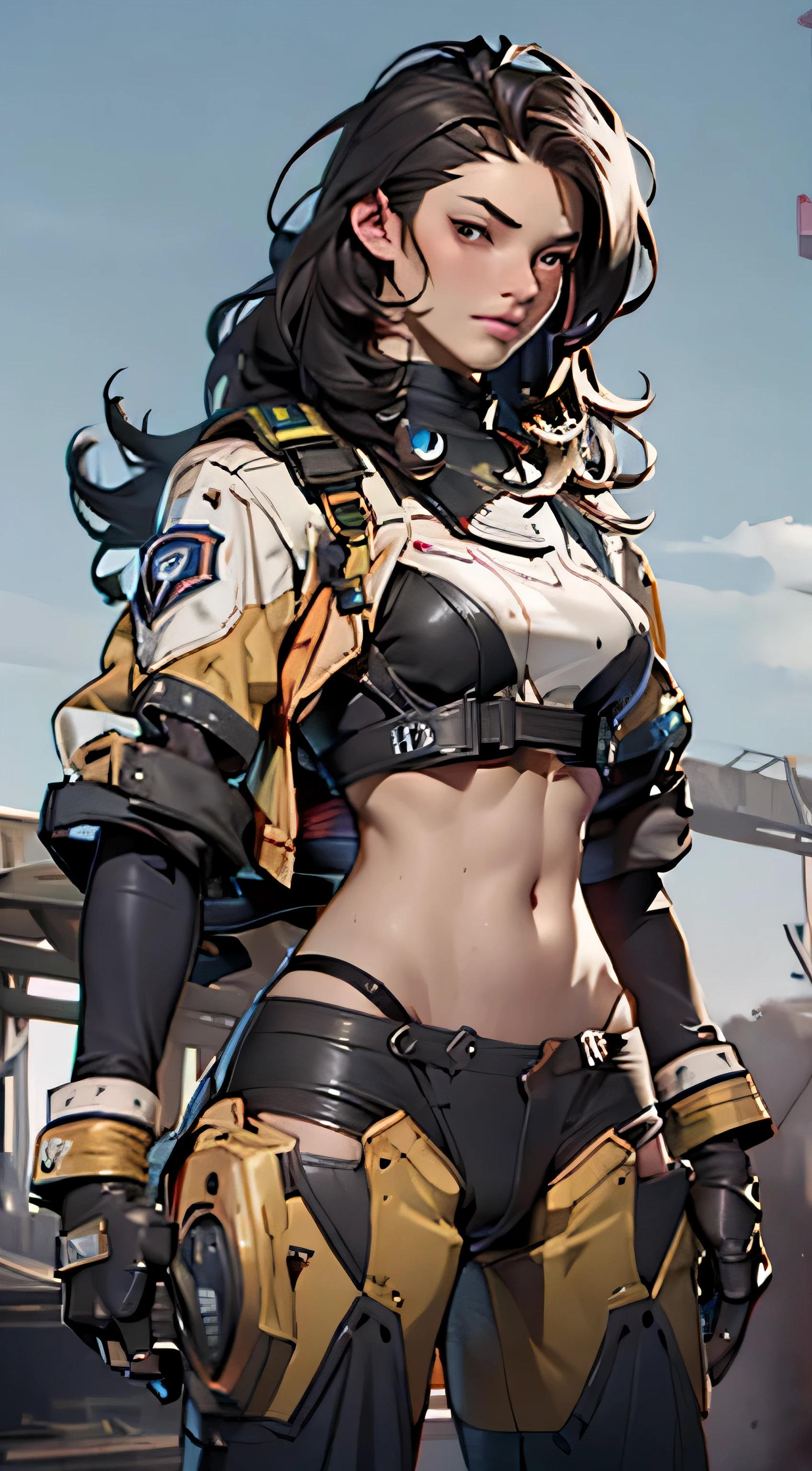 11:23(((Best quality: 1.4))),(Unbeatable masterpiece), (hyper HD),(Hyper-realistic 8k CG)、(dark colored hair) ((( body))), (((1 girl in))), 25-year-old American soldier with perfect body,,Beautiful and well groomed face,muscular body:1.2,Solid royal blue jacket with details, (Pictures from head to thighs), Complex equipment, royal blue,long trousers,The clothes inside are dark,Clothes with armored metal electronic parts, Poison tattoos )