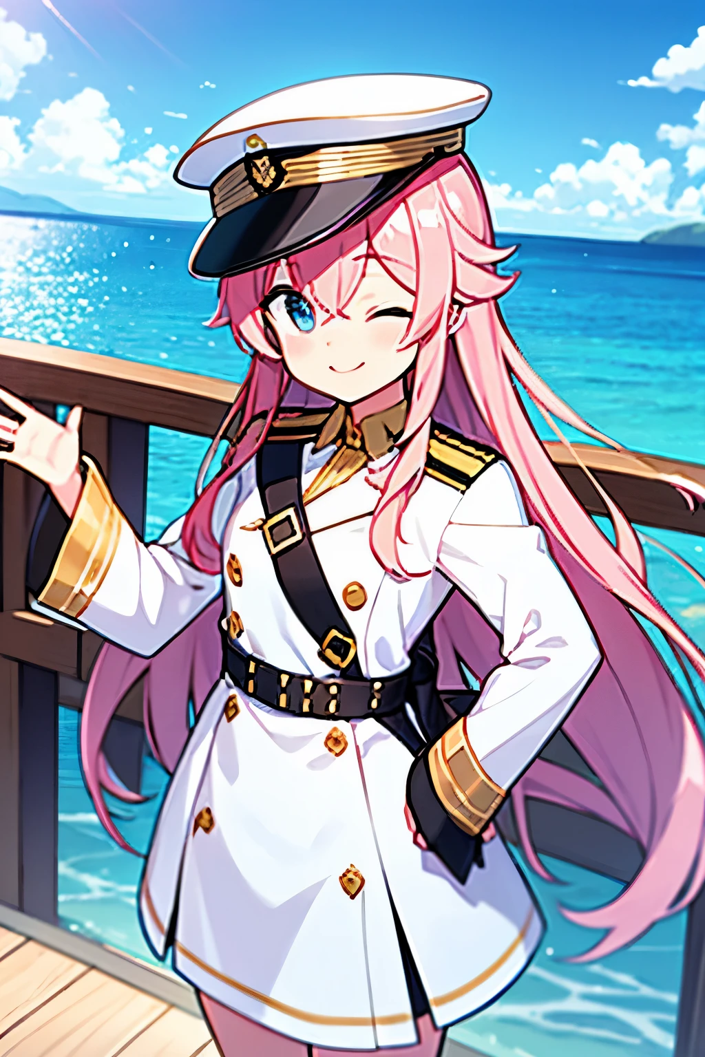 stand on the deck of a ship、Create a two-dimensional illustration of a bright young female captain。She wears a white and gray military style uniform with gold decorations。It has gold decorations and buttons.。The captain is、With long pink hair fluttering in the sea breeze、Wears a black naval hat with a gold emblem。salute with one hand、With a bright smile on your face、I'm happy to close my eyes。In the background、indicates that the ship is at sea、The clear blue sky and the sea with waves are reflected.