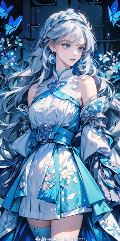 (upper view), Dynamic Angle, super detailed, Illustration, close-up, Look, 1girl in, (Fantasy: 1.4), (Blue eyes: 1.233), her eyes shine like Dreamy stars, (Glowing eyes: 1.233), (Beautiful and detailed eyes: 1.1), (Silver hair: 1.14), (hair messy, Very long hair, french braids, Hair between the eyes, side hair), (+(Blue-haired flowers: 1.14)), (Chiffon dress, uniform blue floral pattern/= (Military uniform: 1.24), (split sleeves, wide sleeveless gloves), Choker, (miko thighhighs), high heel boots compressionless, Shut up), (Standing: 1.4), (Classic princess boudoir with dresser、floor-to-ceiling windows、White ancient palace), (white blossoms, Blooming), (Deep sea), (flowingwater), (Azure World Tree: 1.14), (Ruins), (Night: 1.2), Dreamy, souls, (fluorescent), (flying translucent blue butterflies: 1.15), [[Delicate fingers and hands: 0.55]::0.85], (Finger Detail), (yubao: 0.5),