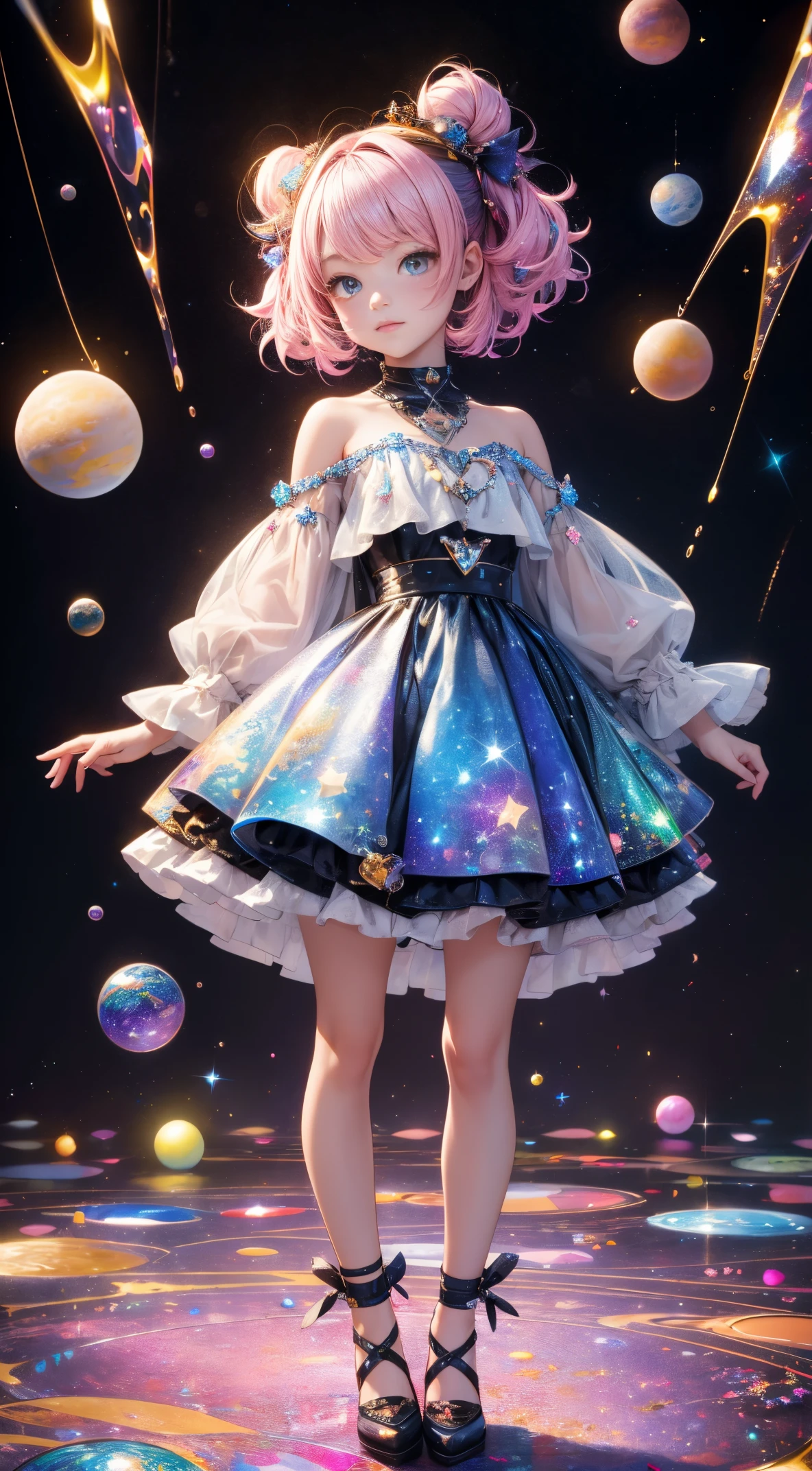 Masterpiece designs by the world's top AI artists, top-quality, 8K, High image quality, 、From diagonally above、Push up the heart-shaped diamond held in one hand、(Paint splashes),Colorful ,Glow Color,lamplight,beautiful a girl,(full body Esbian),Look at the camera、Glass-like outfits,Sleeves glow,small and big round eyes,cute little,Light in the eyes、embrace the earth with both hands、the universe expands infinitely,I don'I don'I don'I don'I don'I don'I don'I don'I don't even have time to breathe、A treasure trove of possibilities、Interdimensional space、detail precision cyber city、glitter spark、The background is planets and stars