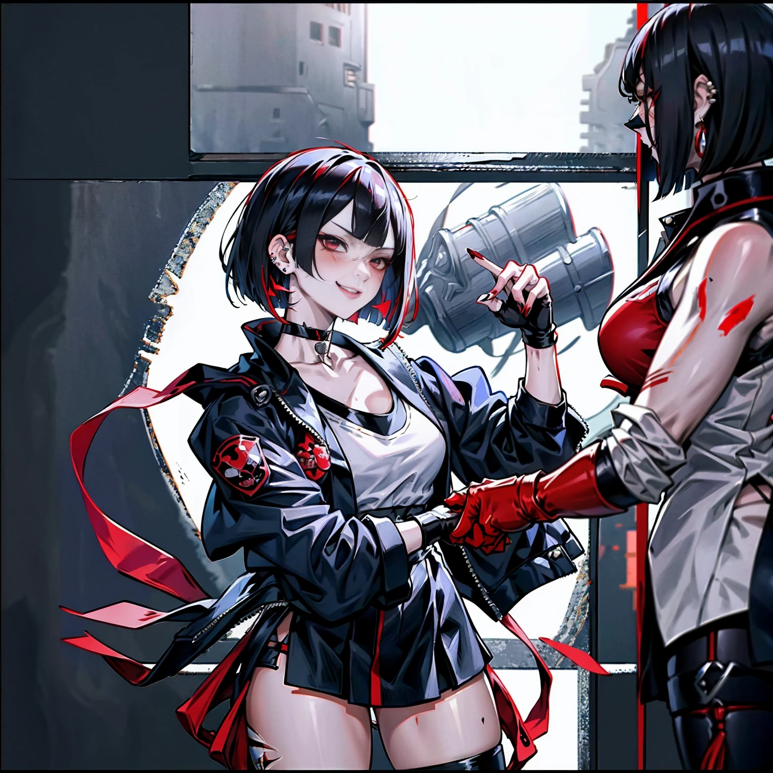 in the art style of persona 5, smal breast, delinquent, (sukeban), mature_female, blush, mature, older woman, 25 years old, Sukeban teacher outfit, (1girl, solo female, solo, solo focus)++++, choker, sukeban teacher, sukeban fighter, long_sleeves, open jacket, blue jacket,( jean)+++, light skin tone female, full body, jacket, biker jacket, tape, arm_support, gloves, red_gloves, bridal gauntlets, nail polish, boots, black_footwear, fighter outfit, full body, hourglass, mature face, cheeky smile, cheeky face, wrinkles, (red hair, short hair, bob cut, earrings, ear piercings), red eyeighting art, Martial arts, standing, fighting_stance, fight, fighting), extra colors, 2D, megapixel, perfectionism, accent lighting, full HD , (Masterpiece:1.2), (full-body-shot:1),(cowboy shot:1.2), (Highly detailed:1.2),(Detailed Face:1.2), Colorful, A detailed eye, (Detailed landscape:1.2), (natural lighting:1.2), ((sukeban school teacher)) by Vincent Di Fate: Aidyllery, Anamorphic Shot, rule of thirds, face by Artgerm and WLOP,