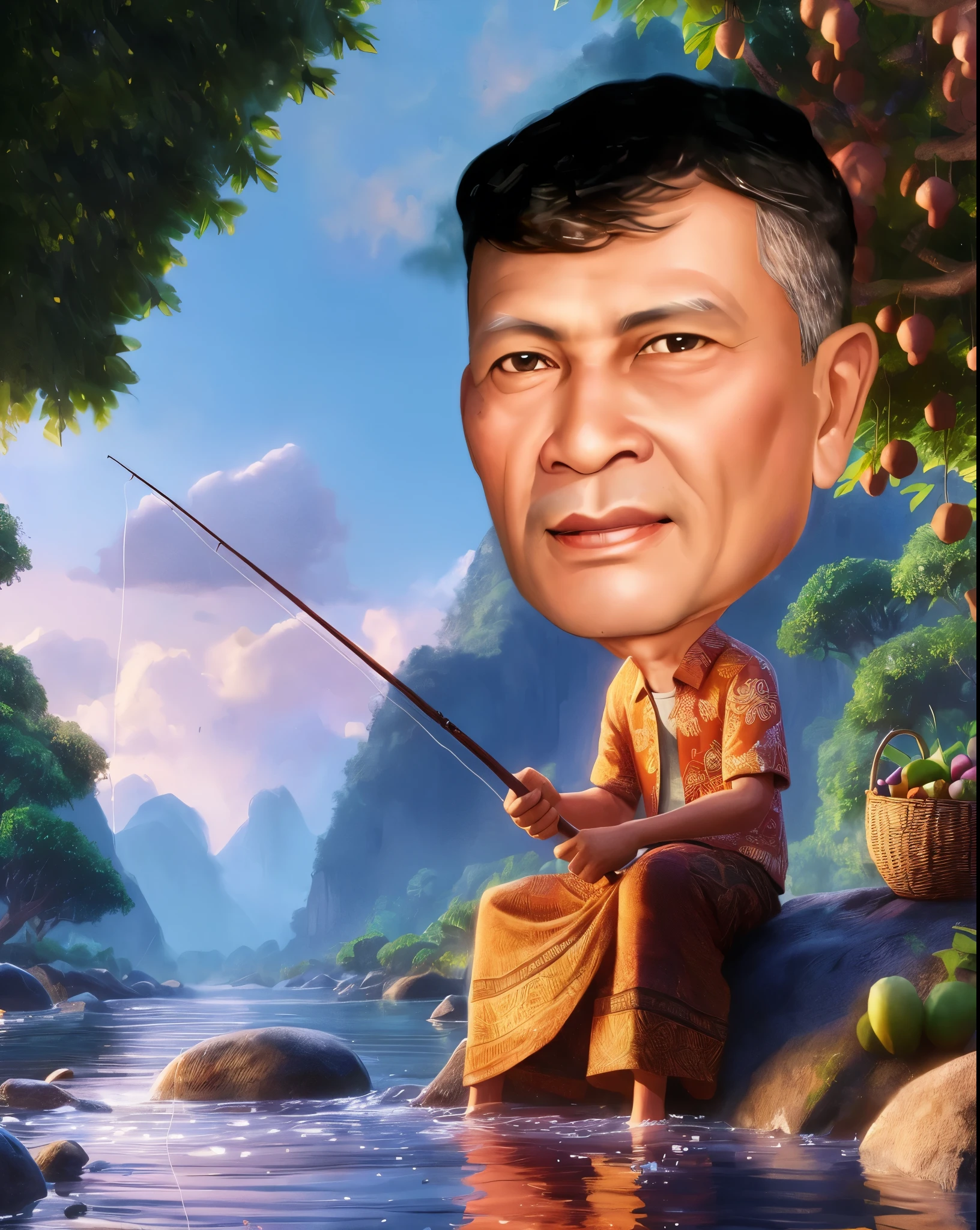 cartoon of a man fishing in a river with a basket of fruit,  55 year old man fishing, wearing typical Indonesian batik clothes, smiling happily, in a very beautiful paradise river, inspired by Bohumil Kubista, tithi luadthong, caricature illustration, inspired by Ding Guanpeng, inspired by Ruth Jên, fanart, cartoon digital painting, riverside, rodrigo duterte, traditional art, detailed portrait, thawan duchanee