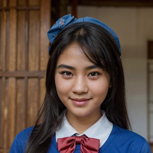 Myanmar girl with a beautiful smile, young age, thick dark hair, dark eyebrows, blue eyes, a thin nose, a lovely face, wearing a long-sleeved shirt and a bow tie, and a rose flower on her head, she is very charming.