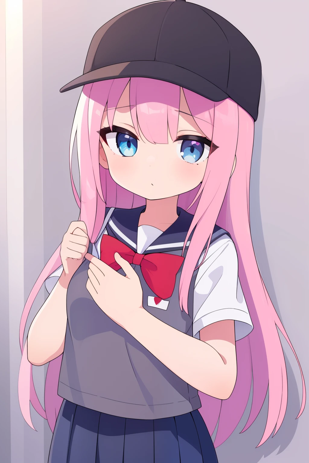 (masterpiece, best quality: 1.2), close-up image of a person with long pink hair, blue eyes, wearing a black baseball cap on the back, wearing a long white vest and black covering the hands, gray short school skirt, very detailed , best quality, expressive eyes, perfect face, ultra high quality, ultra detail,