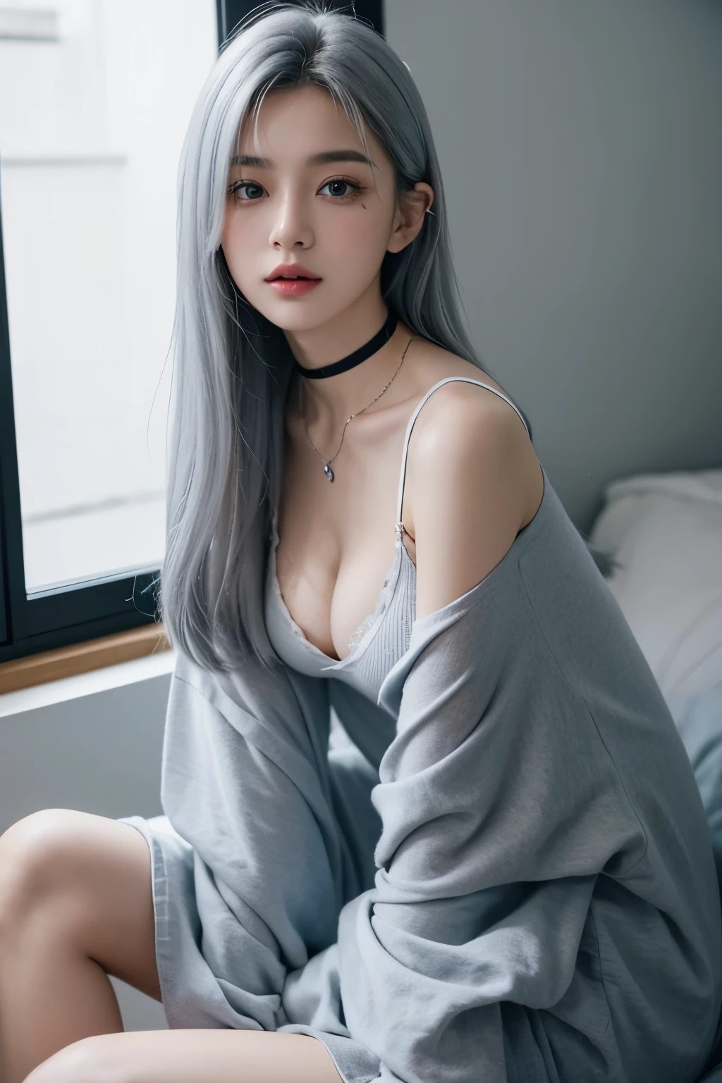 closeup cleavage， 1girll，20yr old，Delicate face shape，is very beautiful， 独奏， [light grey hair： blue hairs：0.2]， jewely， V， choker necklace， looking at viewert， 黑The eye， long whitr hair， The shirt， Sat down， streaked， inside in room， 耳Nipple Ring， hight contrast， natta， deep colour， （freckle：0.9）
