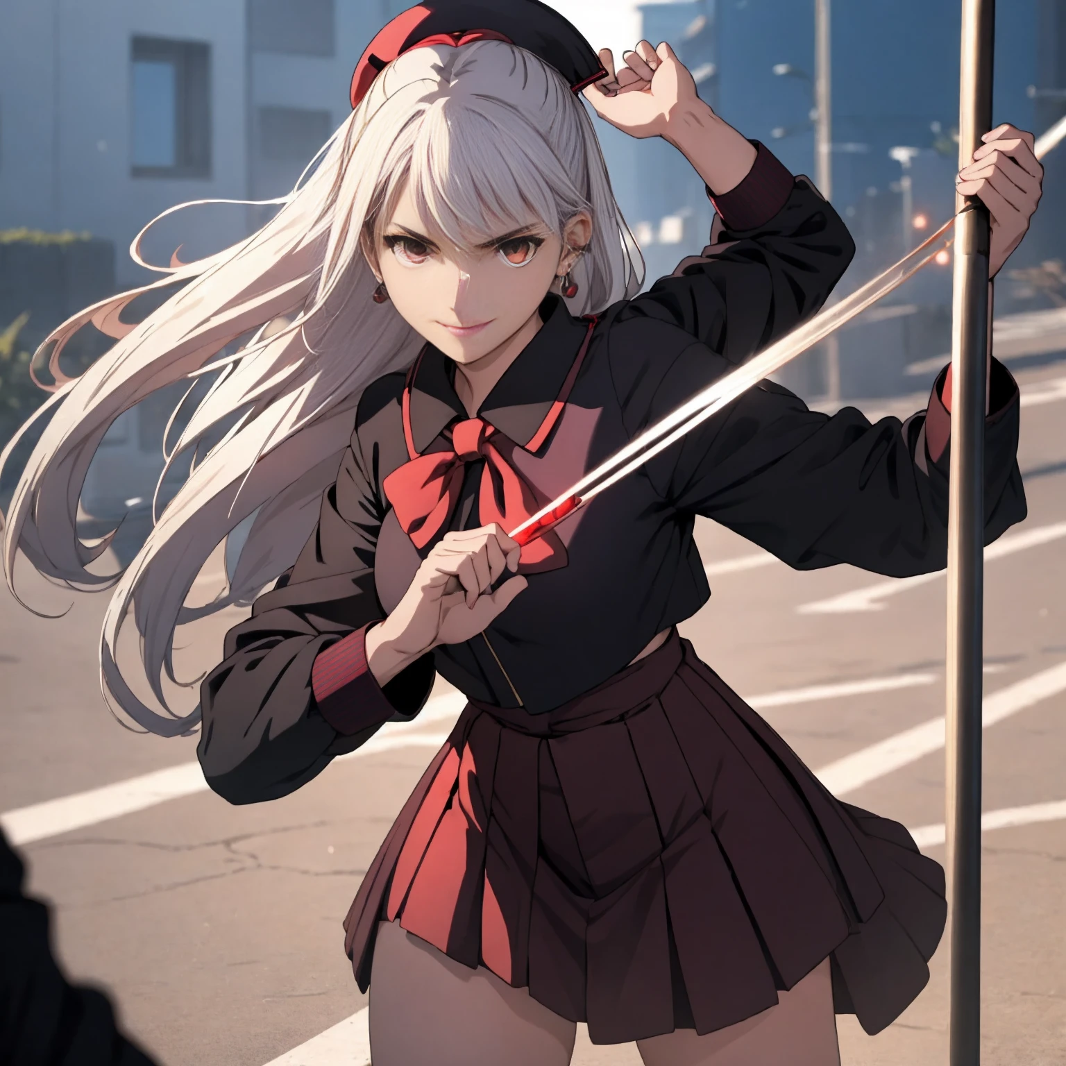 sukeban, illyasviel_von_einzbern, mature_female, silver hair, holding yoyo, combat pose, full body, flowing hair, hair between the eyes, asymmetrical hair, red eyes, delicate facial features, sukeban deka clothe, black japanese school uniform, looking_at_viewer, outdoors, background tokyo, ((solo, solo focus, solo girl,1girl))+++++,woman in a black sukeban costume standing on a set of strees, black japanese sukeban school uniform, 80's japanese sukeban photo, wearing black japanese sukeban school uniform, rumiko, sukeban japanese girl school uniform, dressed as sukeban schoolgirl, black sukeban female sailor uniforms, sukeban sailor uniform, sukeban seifuku, of a schoolgirl posing, of a youthful sukeban japanese girl, wearing sukeban headmistress uniform, 90s japan, sukeban, long black skirt, red basket, full body, light skin tone female, full body, tape, arm_support, gloves, red_gloves, bridal gauntlets, black_footwear, fighter outfitfull body, hourglass, mature face, cheeky smile, cheeky face, wrinkles,( short hair, earrings, ear piercings), realistic, (fighting art, Martial arts, standing, fighting_stance, fight, fighting), extra colors, 2D, megapixel, perfectionism, accent lighting, full HD , 4K, masterpiece, empty red eyes