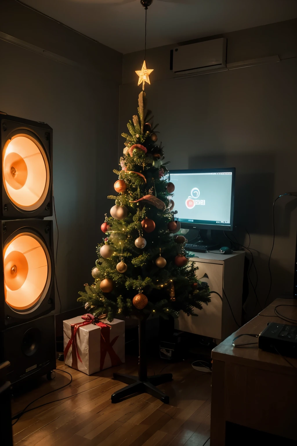 Cyber christmas tree with cyber gifts under it. Room full of neon lights and neon glow. Big soundsystem with huge loudspeakers in the background in the corner of the room. Very techie. A lot of tablets, cables and modern computers. Main color is orange. No windows. Cyberpunk.