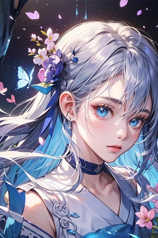 (upper view), Dynamic Angle, super detailed, Illustration, close-up, Look, 1girl in, (Fantasy: 1.4), (Blue eyes: 1.233), her eyes shine like Dreamy stars, (Glowing eyes: 1.233), (Beautiful and detailed eyes: 1.1), (Silver hair: 1.14), (hair messy, Very long hair, french braids, Hair between the eyes, side hair), (+(Blue-haired flowers: 1.14)), (Chiffon dress, uniform blue floral pattern/= (Military uniform: 1.24), (split sleeves, wide sleeveless gloves), Choker, (miko thighhighs), high heel boots compressionless, Shut up), (Standing: 1.4), (Classic princess boudoir with dresser、floor-to-ceiling windows、White ancient palace), (white blossoms, Blooming), (Deep sea), (flowingwater), (Azure World Tree: 1.14), (Ruins), (Night: 1.2), Dreamy, souls, (fluorescent), (flying translucent blue butterflies: 1.15), [[Delicate fingers and hands: 0.55]::0.85], (Finger Detail), (yubao: 0.5), --auto --s2