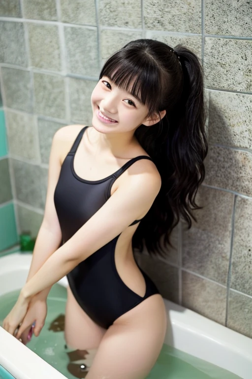 top-quality、masterpiece、real 18 year old woman、Black School Swimsuit、Bathroom、The background is a cute bath、Semi-long with black hair、a smile、hight resolution、