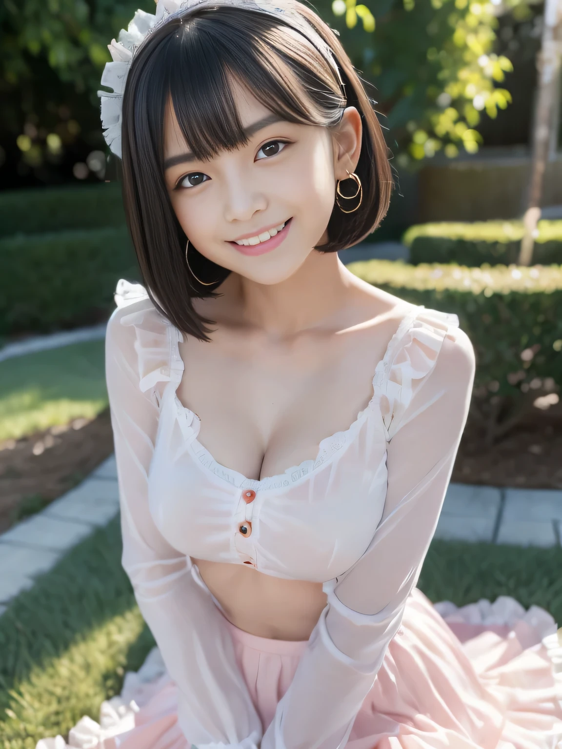 (surrealism, Raw photo, NIKON, 8K, Super Detail, masutepiece, high details, Intricate details, Super Detailed, Realistic lighting),
(Anatomically correct, Highly accurate human body, Highly detailed face, Realistic skin, realistic depiction of characters),
(16 years old, Japanese younger sister, Japanese high school girl, slim waist and busty body, Baby face, Sister girl, Affectionate and cute, Cute Girl, Surreal Girl),
(Round face, Black hair, Short bob cut, see-through bangs, Lowered eyebrows毛, Troubled eyebrows, Lowered eyebrows, Moist eyes, one small earring, Light blush),
(Making a circle with both hands:1.5),
(Elegant smile, Lovely smile),
(Pink Maid Costume, frilled miniskirt, Head dress, head rest, long sleeve ruffle shirt),
Natural lighting, full length, Whole body