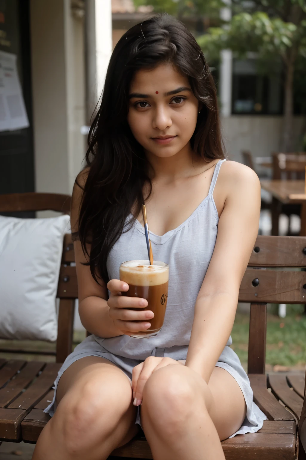 Beautiful Indian girl sitting drinking coffee