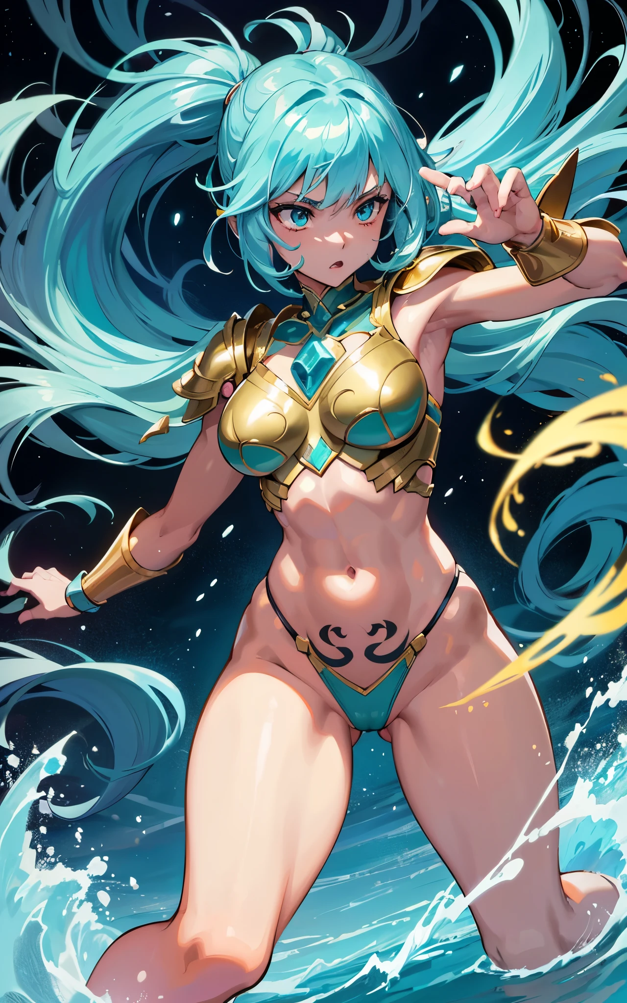 (Emily Rudd:Alicia Vikander) A close up of an supernaturally beautiful and enchanting Atlantean Barbarian War Goddess with a legendary magical spear and angrily shouting in fury. She is skinny dipping in shallow waves in a dark underground sea cave lit only with oceanic bioluminescence that washes over her perfect, irresistible body. Glowing magical golden minimalistic anime-style female battle armor. Her tan skin shimmers with scales. She is athletic, slender, fit, toned, lean, and very muscular with a thin waist and slim hips. She has deeply tanned skin and flowing, lustrous hair. Her large, vibrant, glowing turquoise Asian eyes lock intensely onto the viewer with a predatory, otherworldly allure. She has intricate aquatic-inspired tattoos across her body. Her face has painted designs. Swirling deep shadows.