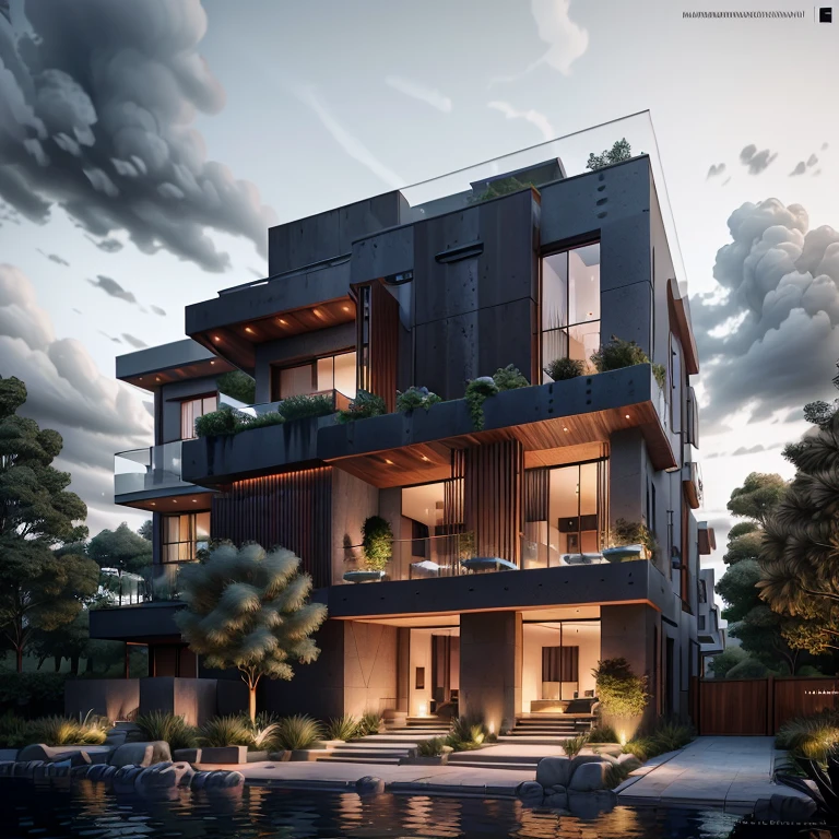 mordenhouse, house, glass house with a sloping roof, modern, dynamic (RAW photo, real, best quality, masterpiece:1.2), (hyper realistic, photo-realistic:1.2), high quality, (dark lighting:1.2), perfect lighting, archdaily