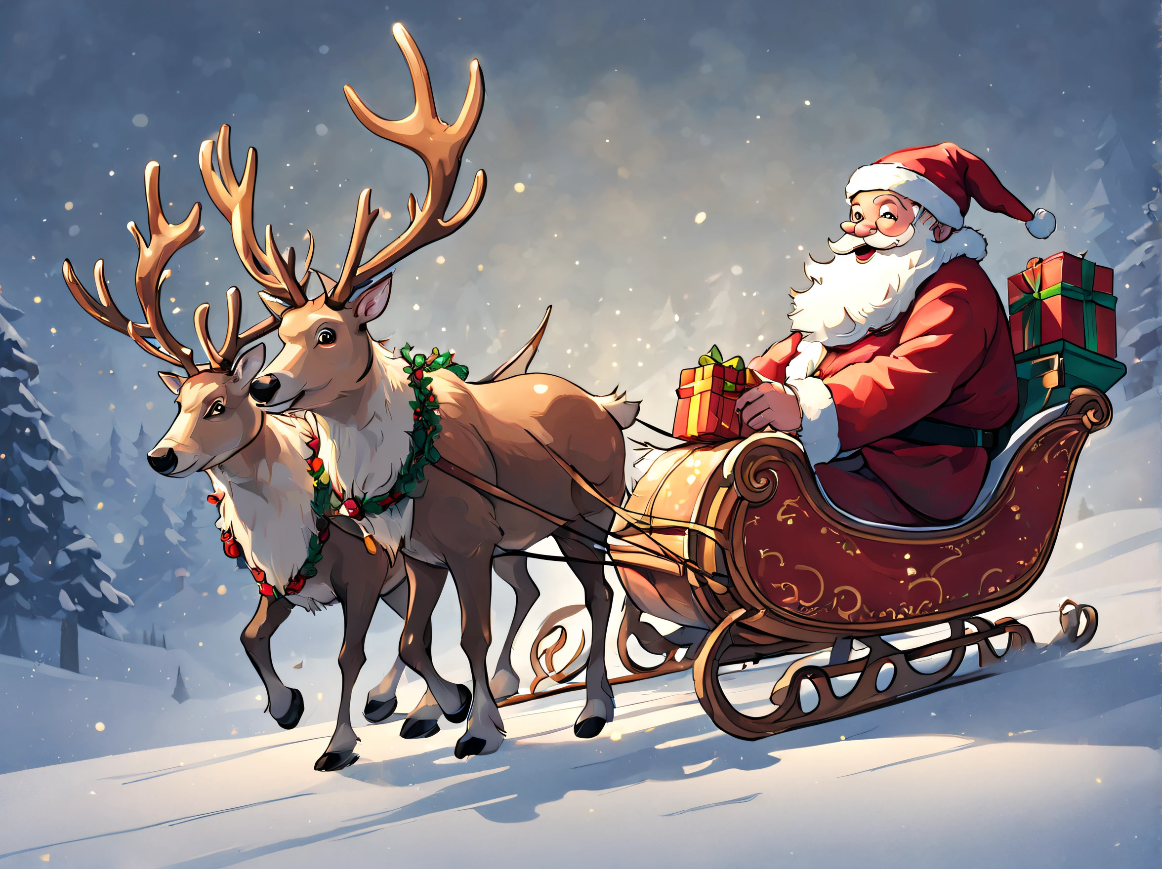 Reindeer pulling a sleigh, 2D Illustration, Reindeer pulling a sleigh, santa and gift box, (masutepiece), (Best Quality), (ultra high detail)