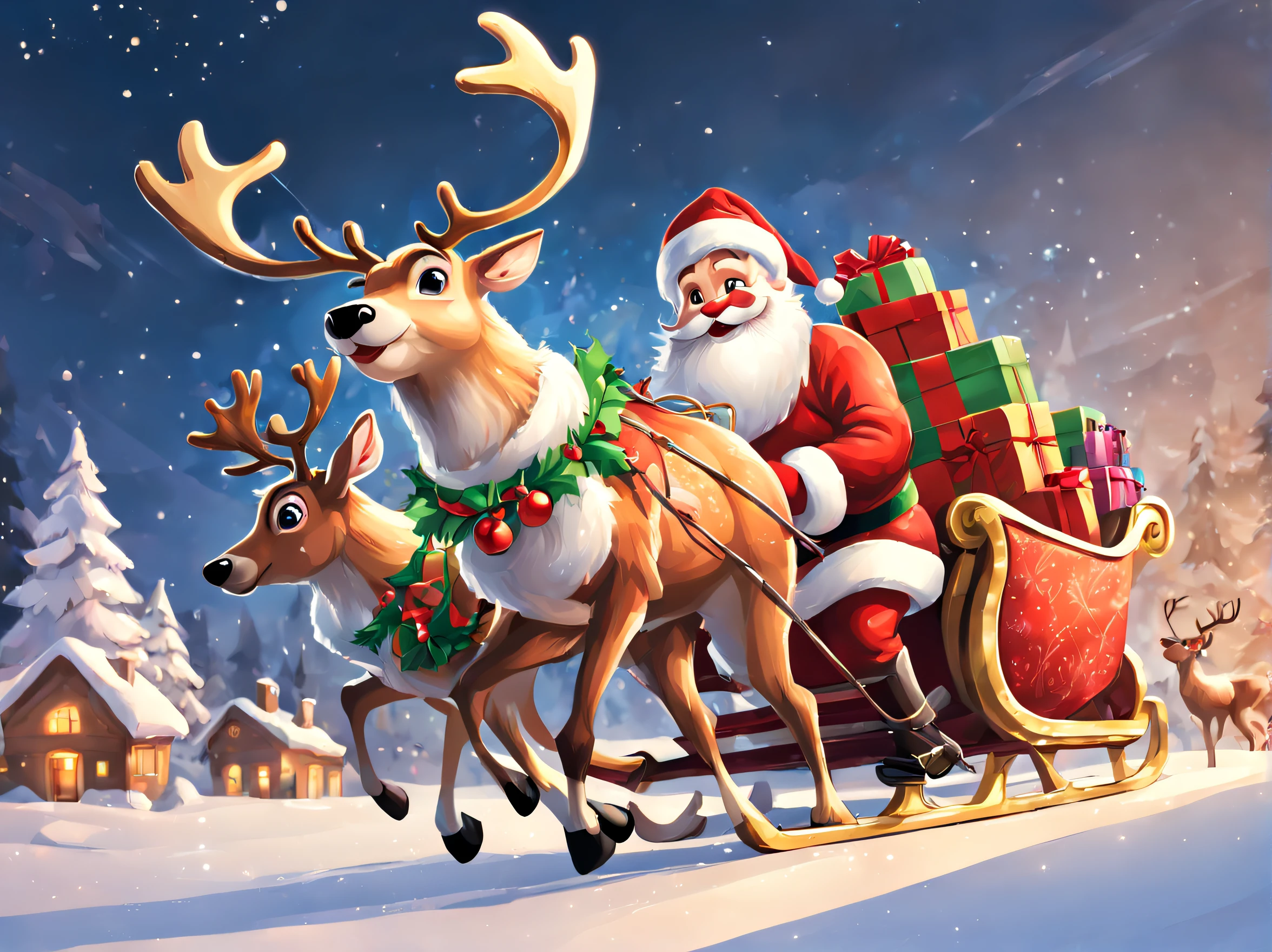 Reindeer pulling a sleigh, 2D Illustration, Reindeer pulling a sleigh, santa and gift box, (masutepiece), (Best Quality), (ultra high detail)