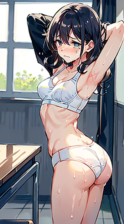 Photo of a malay female with big ass, (((bending over))) in front of classroom, 20yo,petite, skinny, short body, faired skin, dimples, light, detailed face, embarrassed face, ((looking sad)), ((crying)), (tears), (scream), ((arms behind head)), Perfect breasts, small breast, tiny breasts, natural breasts, A cup, big hips, (((medium wavy hair))), (((white sport bra))), (((white sport panties))), (sweat:1.0), (wet)