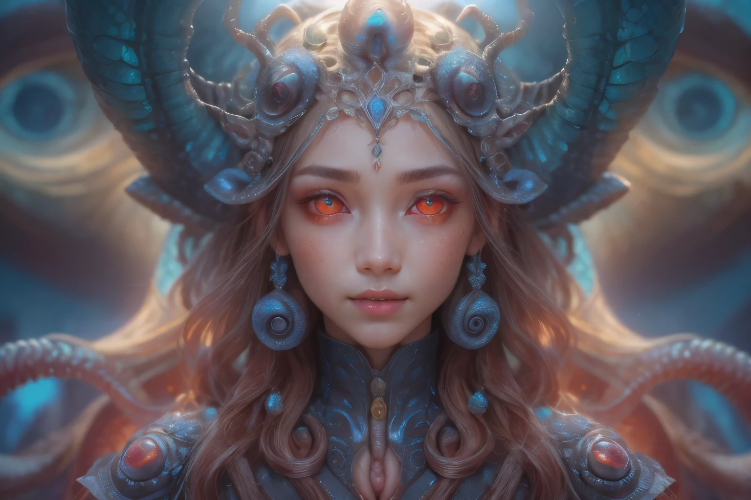 Portrait, (beautiful female alien:1.2), (There is a female genital-like organ in the middle of the forehead...:1.8), (The most beautiful face in the history of the universe:1.2), (scarlet eyes:1.6), (Translucent skin:1.8), an evil gaze that seduces , (red eyes:1.5), Full body like, (sexypose:1.5), alien, No humans, cells are fused, (Lots of translucent tentacles:1.1) (Translucent skin:1.3), extraterrestrial, cell, bio image, 魅惑的, Best Quality, 8K,4K_quality, High Definition, Dramatic Lighting, masutepiece:1.5,cinematic quality, detail up, (Intricate details:1.2), High resolution, High Definition, drawing faithfully, (Thick eyebrows:1.2), Beautiful eyes with fine symmetry, (Ultra detailed eyes:1.2),(Highly detailed face and eyes:1.2), (High-resolution red-eye:1.4), Intimate face, (Super detailed skin quality feeling:1.4), Perfect Anatomy, (Beautiful toned body:1.5), (Moist skin:1.2), No makeup, (dark circles:1.1), long canines, cinematic drawing of characters, ultra high quality model, cinematic quality, detail up, (Intricate details:1.2), High resolution, High Definition, drawing faithfully, Official art, Unity 8K wall , 8K Portrait, Best Quality, Very High resolution, ultra detailed artistic photography, midnight aura, unreal enginee 5, Ultra Sharp Focus, art by alberto seveso, ArtGerm, Roisch, intricate artwork, Medusa, best quality, masutepiece, ultra High resolution, (photos realistic:1.4), Ultra-realistic realism, dream-like, nautilus, Creation of fantasy, Snail, Dream Snail, biopunk nautilus, Thrilling color schemes, Ultra-realistic realism, seductively smiling, Blue tentacles