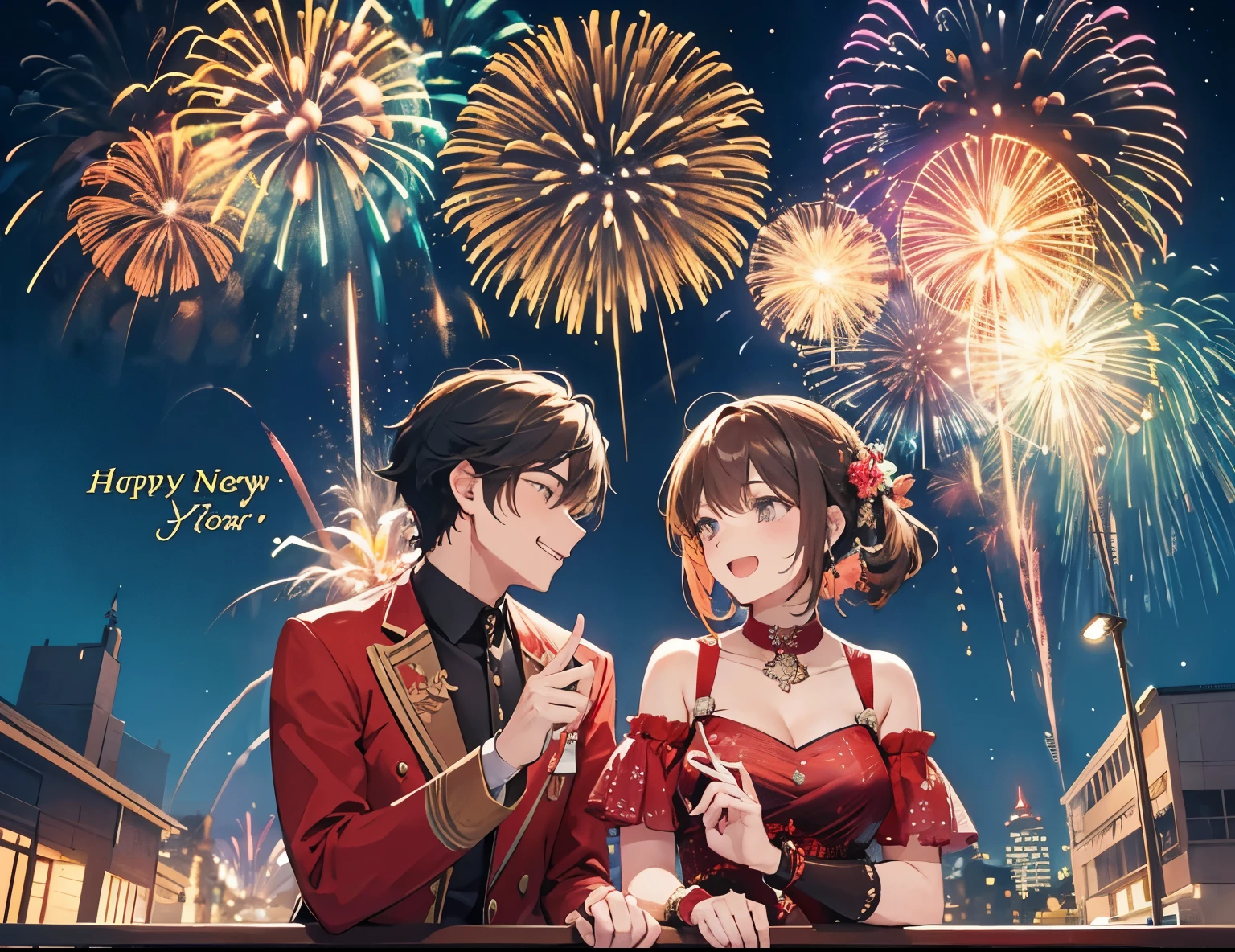 A couple (1male, 1female), new year, fireworks, laugh, romantic atmosphere, happy atmosphere, landscape