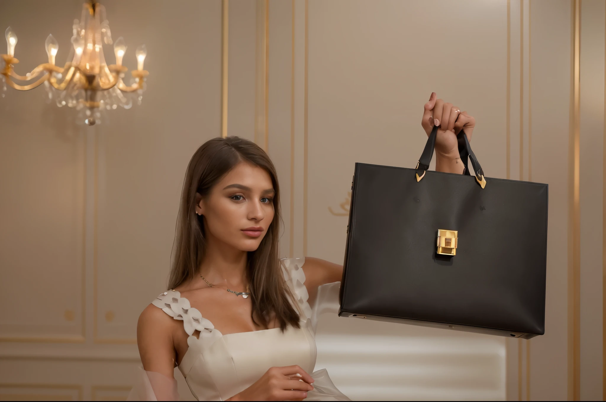 (a girl, salesperson, carrying luxury goods, realistic, detailed hands, boutique, high-end, upscale, elegant, professional lighting, vibrant colors, best quality, realistic rendering:1.2), exquisite collection, exclusive products, exquisite design, luxurious atmosphere, elegant decorations, fashionable dresses, stylish accessories, high-value items, attentive service, exceptional customer experience, sophisticated clientele, refined taste