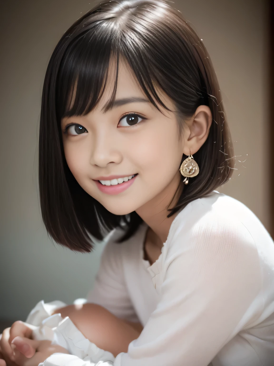 (surrealism, Raw photo, NIKON, 8K, Super Detail, masutepiece, high details, Intricate details, Super Detailed, Realistic lighting),
(Anatomically correct, Highly accurate human body, Highly detailed face, Realistic skin, realistic depiction of characters),
(16 years old, Japanese younger sister, Japanese high school girl, slim waist and busty body, Baby face, Sister girl, Affectionate and cute, Cute Girl, Surreal Girl),
(Round face, Black hair, Short bob cut, see-through bangs, Lowered eyebrows毛, Troubled eyebrows, Lowered eyebrows, Moist eyes, one small earring, Light blush),
(Making a circle with both hands:1.5),
(Elegant smile, Lovely smile),
(frilled miniskirt, long sleeve ruffle shirt),
Natural lighting, full length, Whole body