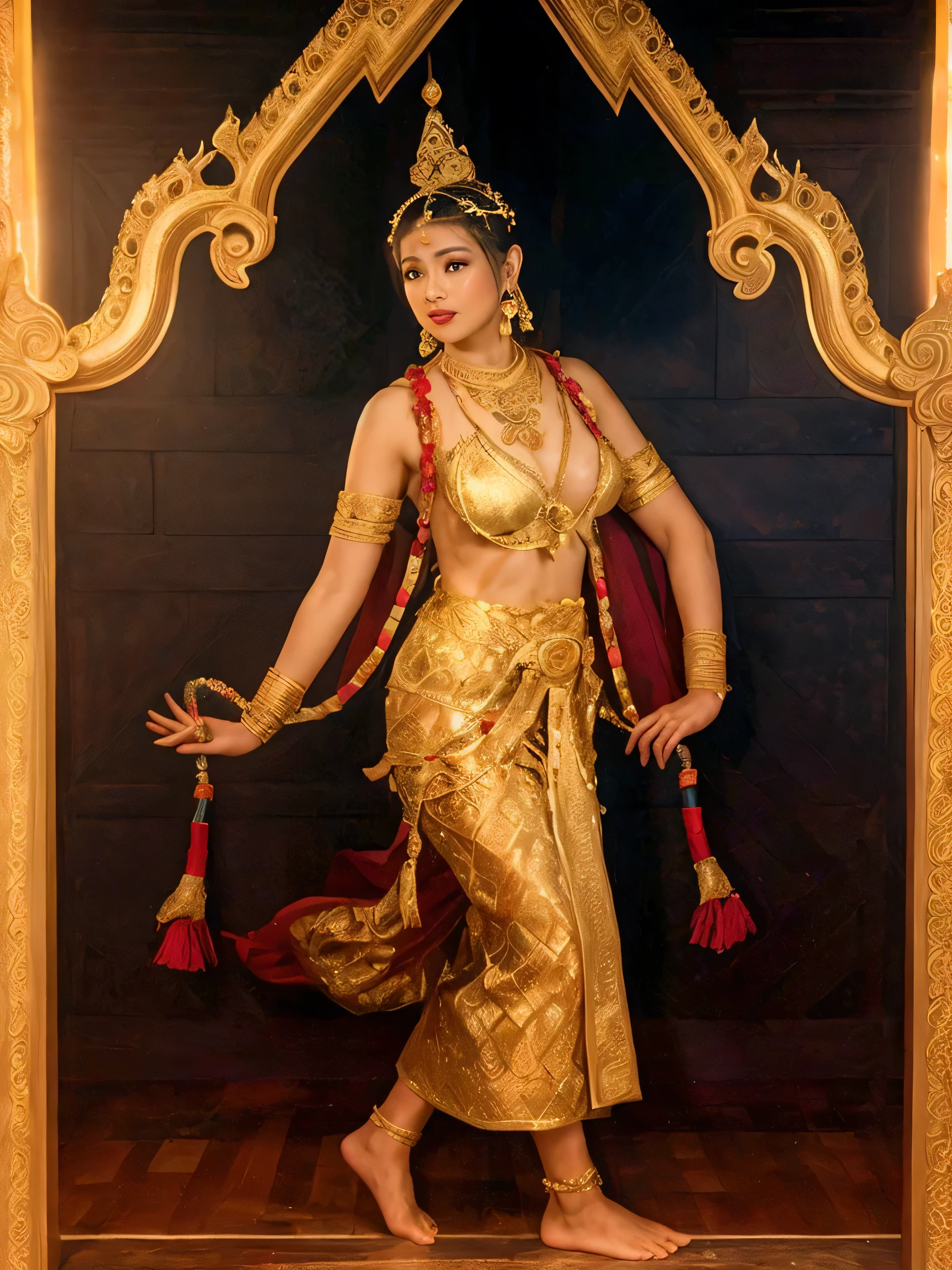 แต่งตัวเป็นMrsแบบ (Mrs. Suwanmacha) In a Thai dance performance, Sam Chada and Jon Hu look like women in Thai paintings with their breasts bare., Boasting two companies, Round breasts. Seductive pink nipples Decorated with a sacred necklace, Chest flaps, เครื่องประดับเหมือนMrsอัปสรา. But it has a fish tail.. แต่งกายด้วยชุดจีวรลายไทยสีแดงลายทองเหมือนMrsในละครไทยและรำไทย, สวมกำไลทองและถือพวงมาลัยwhiteสะอาดพันรอบคอที่ร้อยด้วยดอกรักเร่white. Her face was beautiful and youthful., Like a  girl, like a goddess. white, Yellow skin looks sexy., Beautiful and sensual.