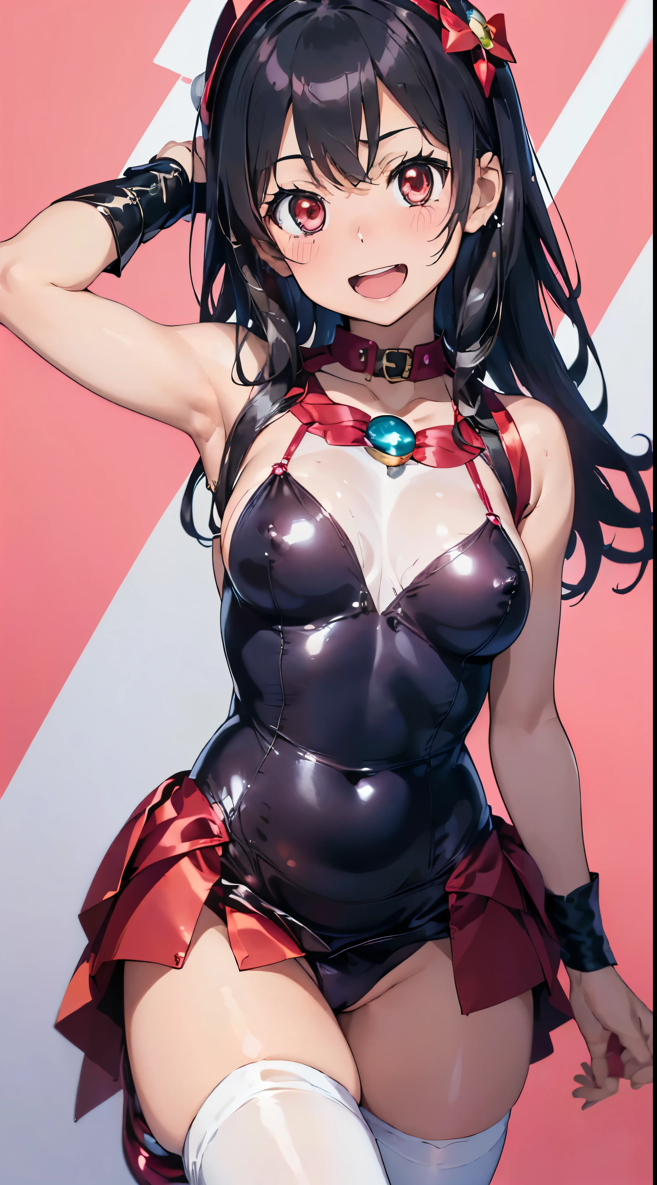 1womanl,Black hair,years ,(()),Beautiful breasts,(((Sexy magical girl white and red shiny simple bodysuit and micro skirt)))(())(((Blushing cheeks、Smile with open mouth)),(((Satin Narico))),((( portlate))),we have blue eyelashes)))(Wet with sweat)Street,Crowds(magical girl hair ornament)