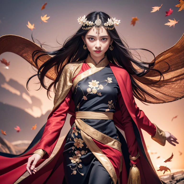 32K autumn views（tmasterpiece，k hd，hyper HD，32K）Long flowing black hair，ponds，zydink， a color， Autumn （ nipple）， （Blue and white silk scarf）， Combat posture， looking at the ground， long whitr hair， Floating hair， Carp pattern headdress， Chinese long-sleeved cheongsam， （Abstract gouache splash：1.2）， Pink petal background，Pink and white autumn sunset leaves flying（realisticlying：1.4），Black color haillen leaves flutter，The background is pure， A high resolution， the detail， RAW photogr， Sharp Re， Nikon D850 Film Stock Photo by Jefferies Lee 4 Kodak Portra 400 Camera F1.6 shots, Rich colors, ultra-realistic vivid textures, Dramatic lighting, Unreal Engine Art Station Trend, cinestir 800，Long flowing black hair，see-through transparent clothes