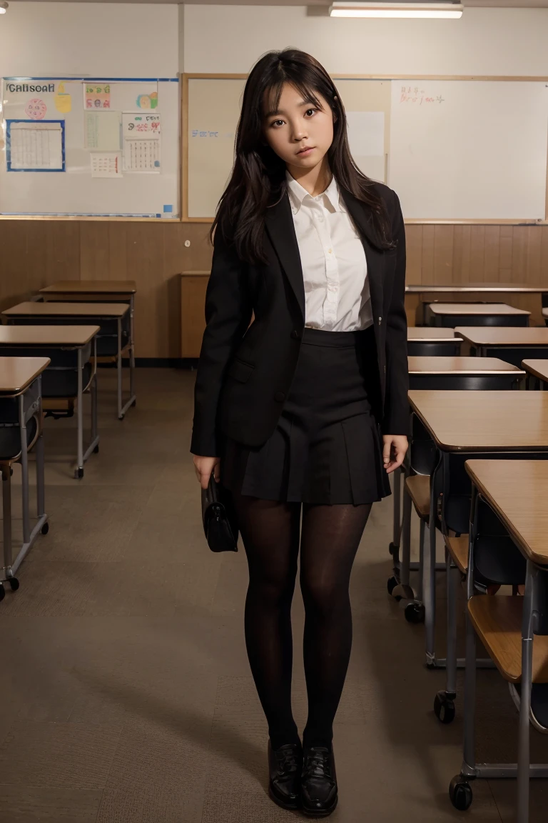 1girl, Solo, 18 years old japanese woman, decent looking,black medium hairs, brown eyes,school uniform,black thick woolen pantyhose, black shoes, standing, classroom photography, Photography, 8k, , Masterpiece, Full Body Shooting, Top Quality, Fine Pore, Realistic, Photorealistic, Ultra Detailed