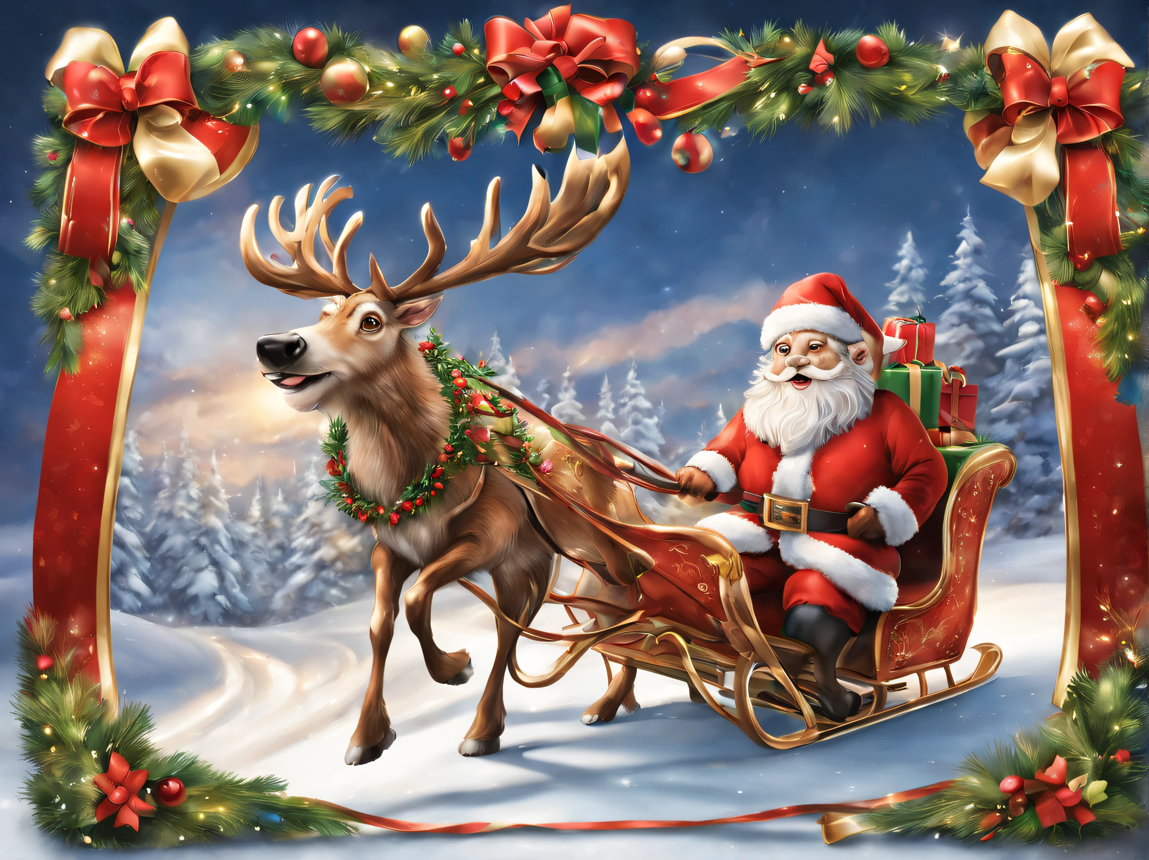 Reindeer pulling a sleigh, Reindeer pulling a sleigh, santa and gift box, Detailed face, (masutepiece), (Best Quality), (ultra high detail)