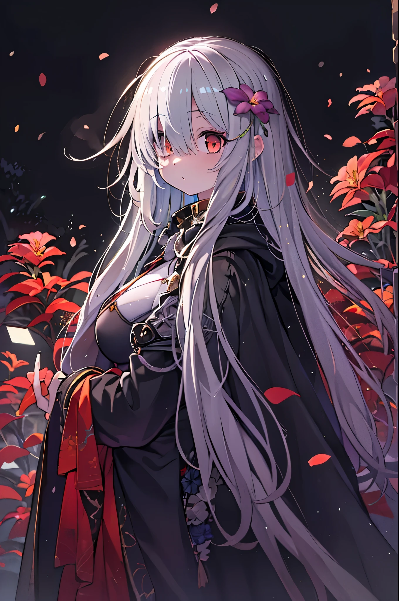 1girl in,Solo,1girl in,Solo,((Beautiful detailed eyes)), (Detailed light),depth of fields,(White hair),Silver eyes,Hair over one eye,(Red flower ), Hair Flower,Long hair,Black cloak,Wet,deadpan,Looking back,Night,starfall,Sateen,Fog,Red flowers falling,sketch,Upper body,intense shadow,