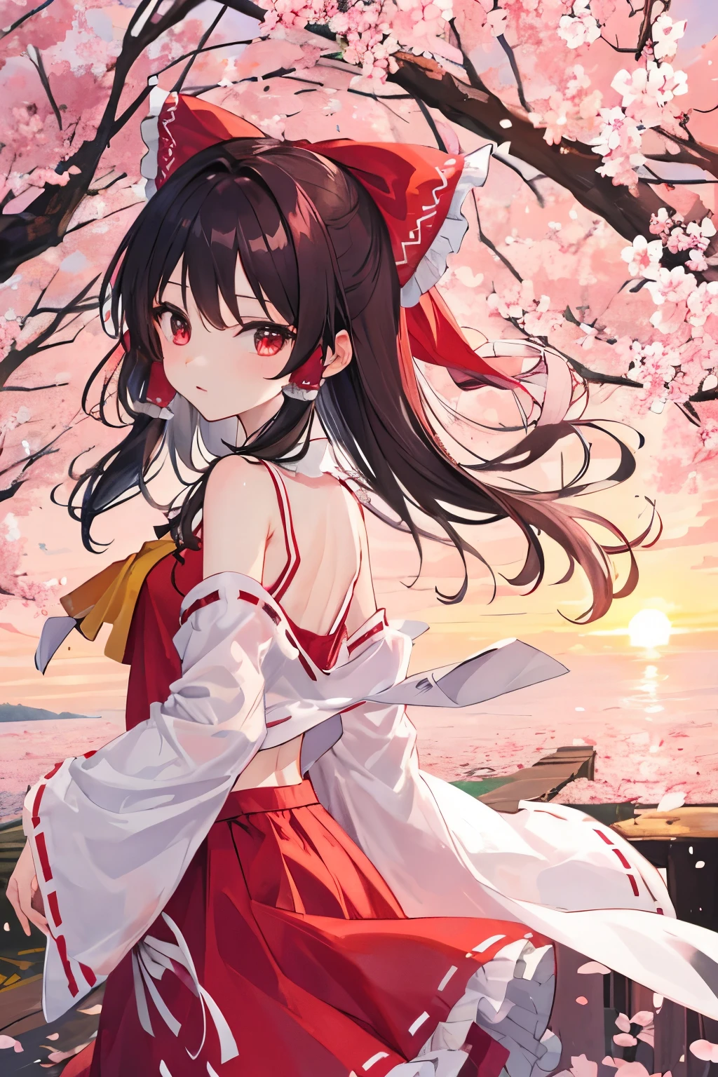 reimu hakurei, cherryblossom, spring, sunset, hands back