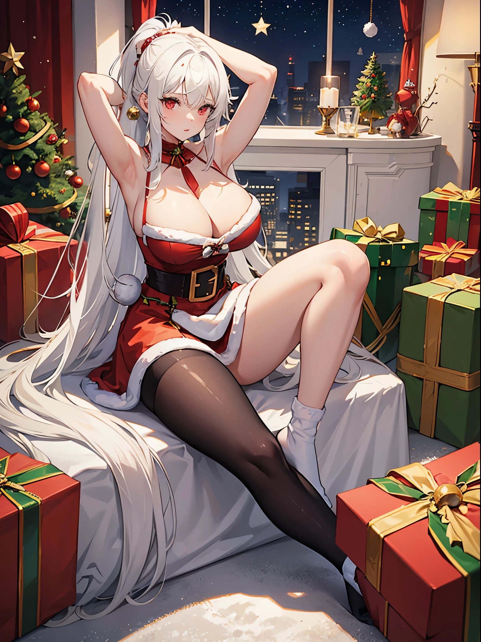 Female, White Hair, Big Boobs, Long Hair, Red Eyes, Wearing Christmas Costume, Collarbone, arms up, armpit, No Pants or Skirt, Christmas Shoe, Sitting on the floor, Inside a building, Christmas Tree in the background,