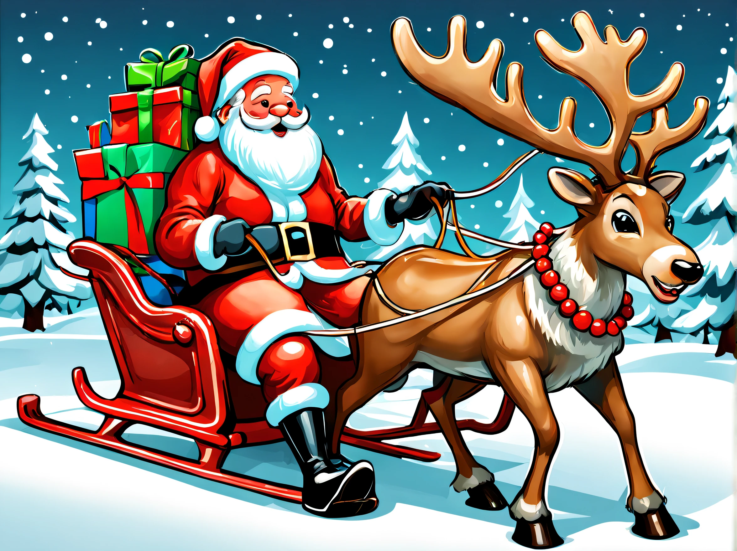 Reindeer pulling a sleigh, 2D Illustration, Reindeer pulling a sleigh, santa girl and gift box, Detailed face, (masutepiece), (Best Quality), (ultra high detail)