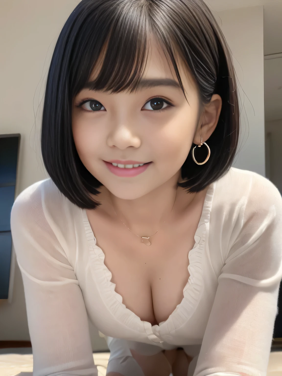 (surrealism, Raw photo, NIKON, 8K, Super Detail, masutepiece, high details, Intricate details, Super Detailed, Realistic lighting), 
(Anatomically correct, Highly accurate human body, Highly detailed face, Realistic skin, realistic depiction of characters), 
(************, Japanese younger sister, Japanese high school  girl, slim waist and busty body, *********, Sister girl, Affectionate and cute, Cute Girl, Surreal Girl), 
(Round face, Black hair, Short bob cut, see-through bangs, Lowered eyebrows毛, Troubled eyebrows, Lowered eyebrows, Moist eyes, one small earring, Light blush), 
(Prayer Pose:1.5), 
(Elegant smile, Lovely smile), 
(frilled miniskirt, long sleeve ruffle shirt), 
Natural lighting, full length, Whole body