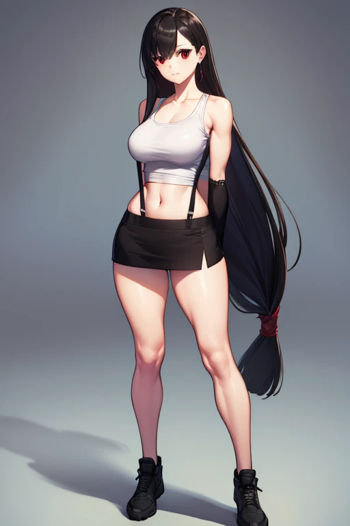 Tifa Lockhart, Tifa Lockhart, Black hair, Long hair, (low-tied long hair:1.5), (Red Eyes:1.5), swept bangs, single sidelock,
Break Arm Guard, Bare shoulders,  Black skirt, Black Sports Bra, 黒いthighs thighs thighs thighs, 鎖骨, croptop, earrings, Jewelry, Midriff, Navel, Single earring, Skirt, Sports Bra, Suspender Skirt, suspenders, Tank top, Teardrop Earrings, thighs thighs thighs thighs, (White tank top:1.5), zettai ryouiki,
BREAK looking at viewer, Full body,
BREAK outdoors,
BREAK (masutepiece:1.2), Best Quality, High resolution, Unity 8k壁纸, (Illustration:0.8), (Beautiful detailed eyes:1.6), extra detailed face, Perfect Lighting, extremely details CG, (Perfect hands, Perfect ???????),