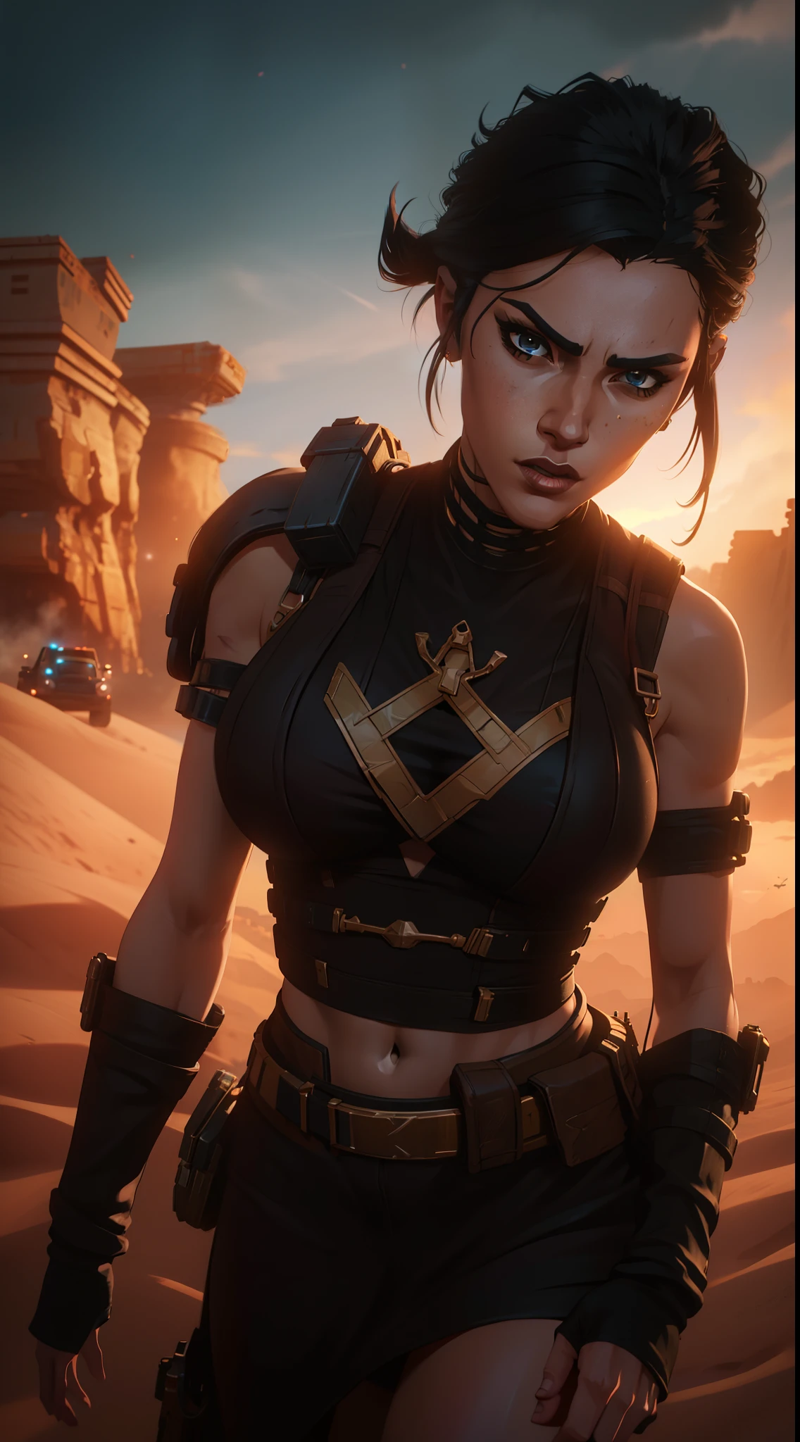 Close-up, a gorgeous woman with huge breasts in the desert, with mad max style cars in the background, short black hair, day. cyberpunk aesthetics, action film shot by Kon Satoshi, Semi Impasto style, matte paint, atmospheric, bright, dramatic lighting