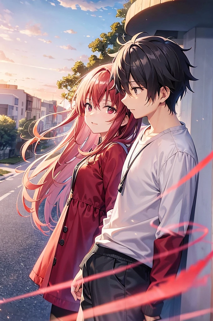 Couple in love, the anime, Affectionate hugs, Long hair of a girl, Shorty in a boy, Look at each other