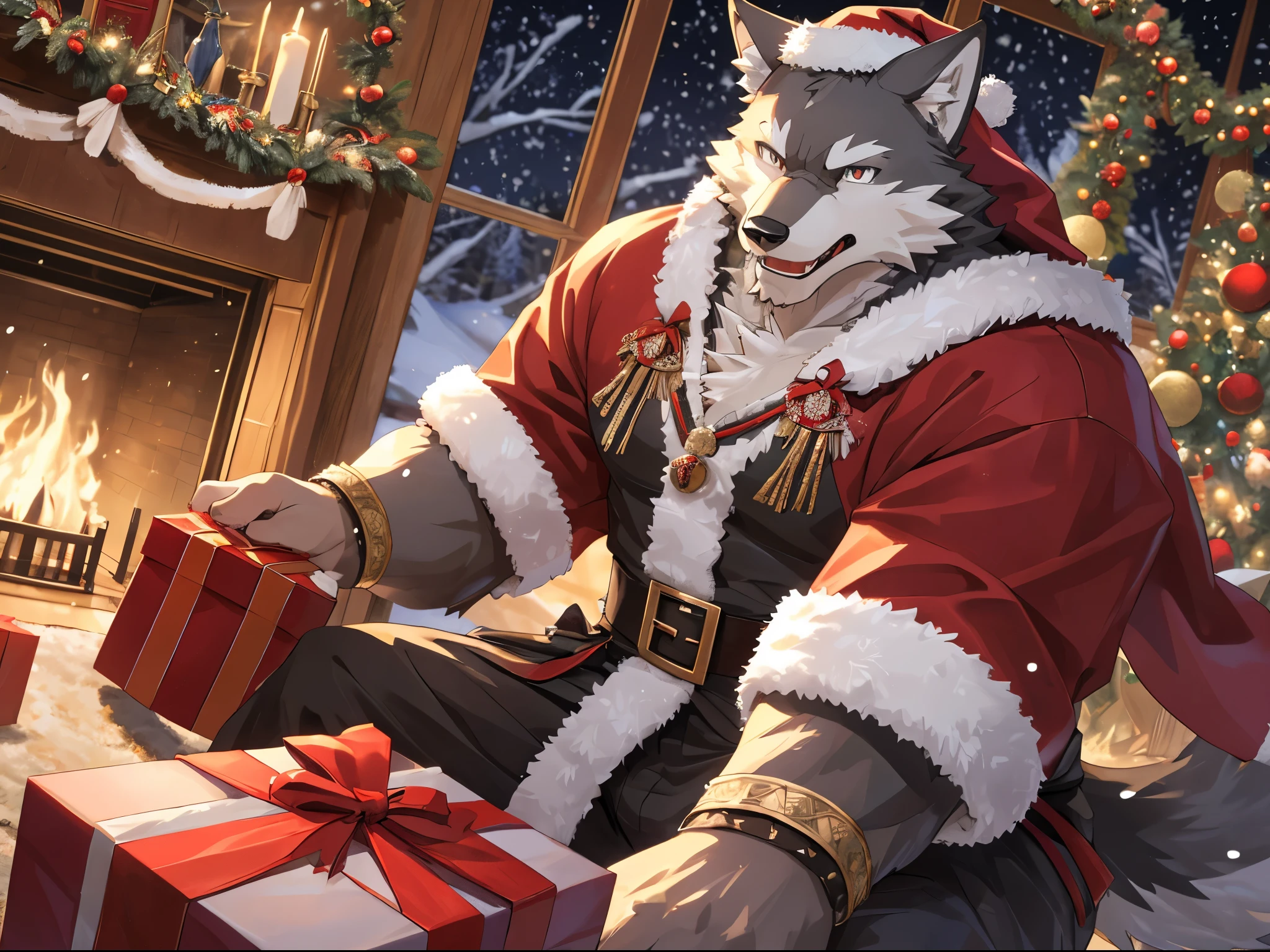 Anthro((dramatic))epic, dynamic pose, One scene of movie, An extreme perspective with a powerful composition, absurdres, Perfect ???????, magnificent picture of kemono fighting fierce battles, (ultra detailed), sharp focus, niji, eyesgod, black eye, furry, light-white fur, brown fur, white beard, anthro (wolf), male, middle-aged, gray body, white belly, tail, muscular, knight costume, santa costume, santa hat, long red cherry cloak, ultra detailed face, depth of field, motion blur, (best quality), (masterpiece), high details, high quality, award winning, highres, HD, 16k, (handing a wrapped gift to the viewer,gift box,beautiful detailed eyes,extremely detailed eyes and face), detailed wrapping paper and ribbons, joyful expression on his face, sparkling eyes, surrounded by a warm and cozy living room decorated with Christmas ornaments and twinkling lights, fireplace crackling with a roaring fire, snow falling softly outside the window, capturing the magic and excitement of Christmas morning. (best quality,4k,8k,highres,masterpiece:1.2),ultra-detailed,realistic:1.37,HDR,UHD,studio lighting,extreme detail description,professional,vivid colors,bokeh,Christmas lights,soft snowfall,joyful atmosphere